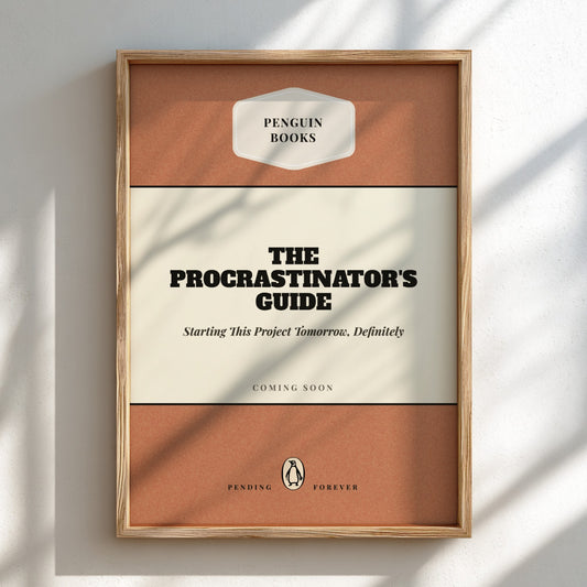 Framed book cover of 'The Procrastinator's Guide' by Penguin Books on a light background