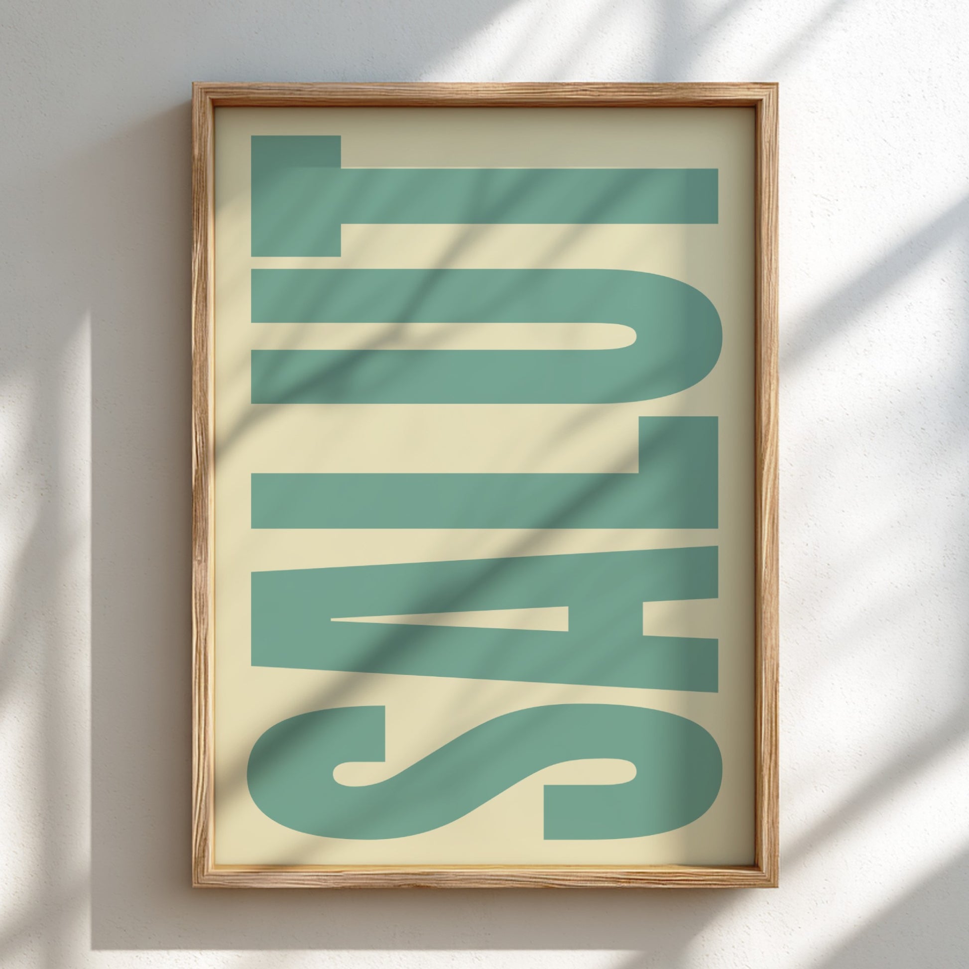 Framed artwork with large teal letters Salut poster featuring modern typography in