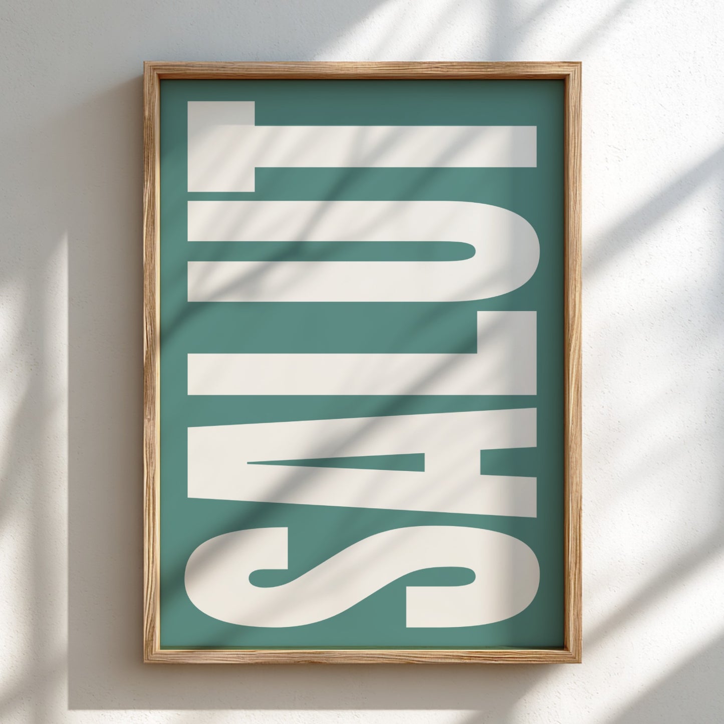 Framed artwork with 'SALUT' text on a teal background