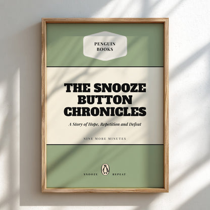 Framed book cover of 'The Snooze Button Chronicles' by Penguin Books on a light background