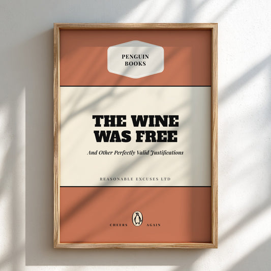 Framed book cover with 'Penguin Books' branding and text 'The Wine Was Free'.
