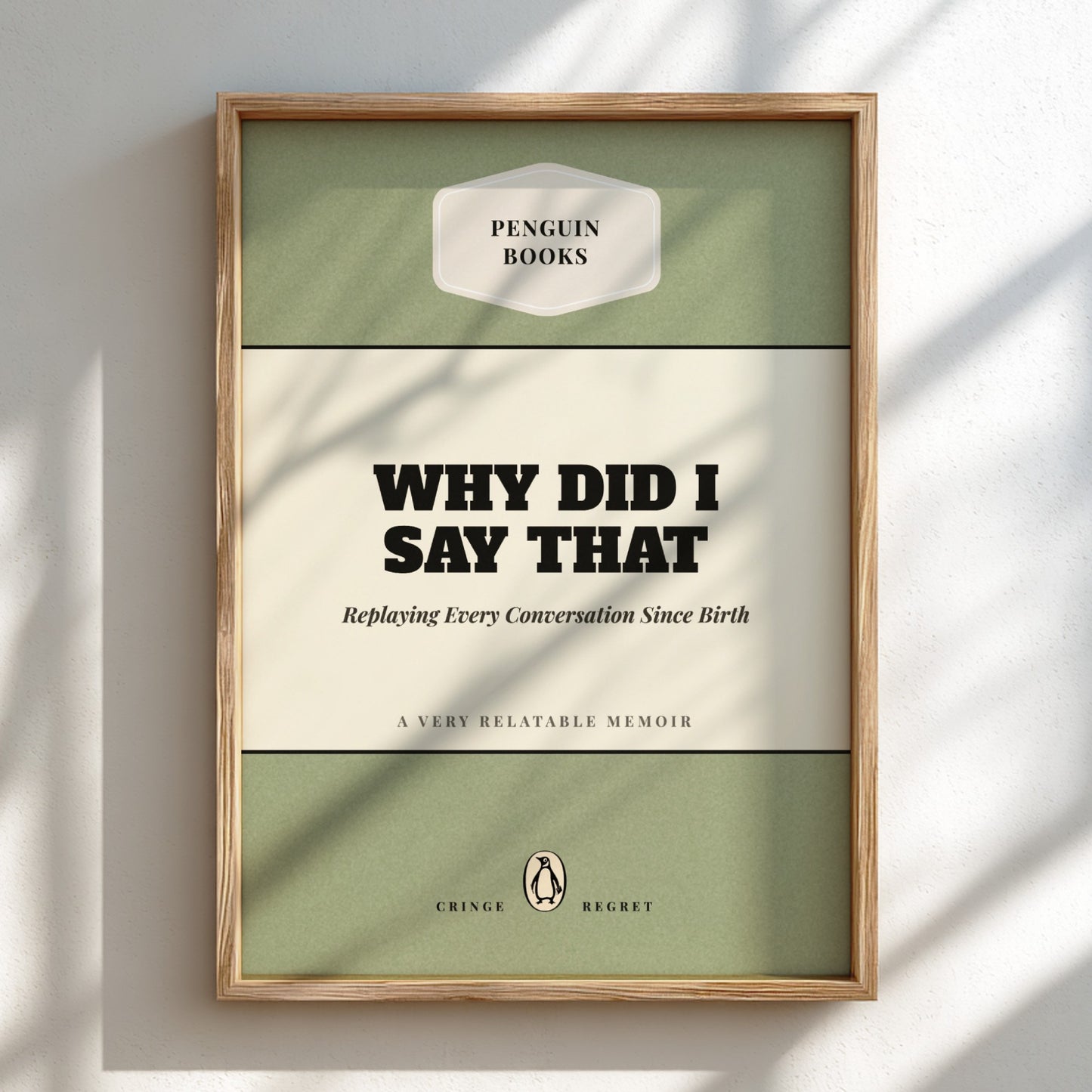 Framed book cover of 'Why Did I Say That' by Penguin Books on a light background
