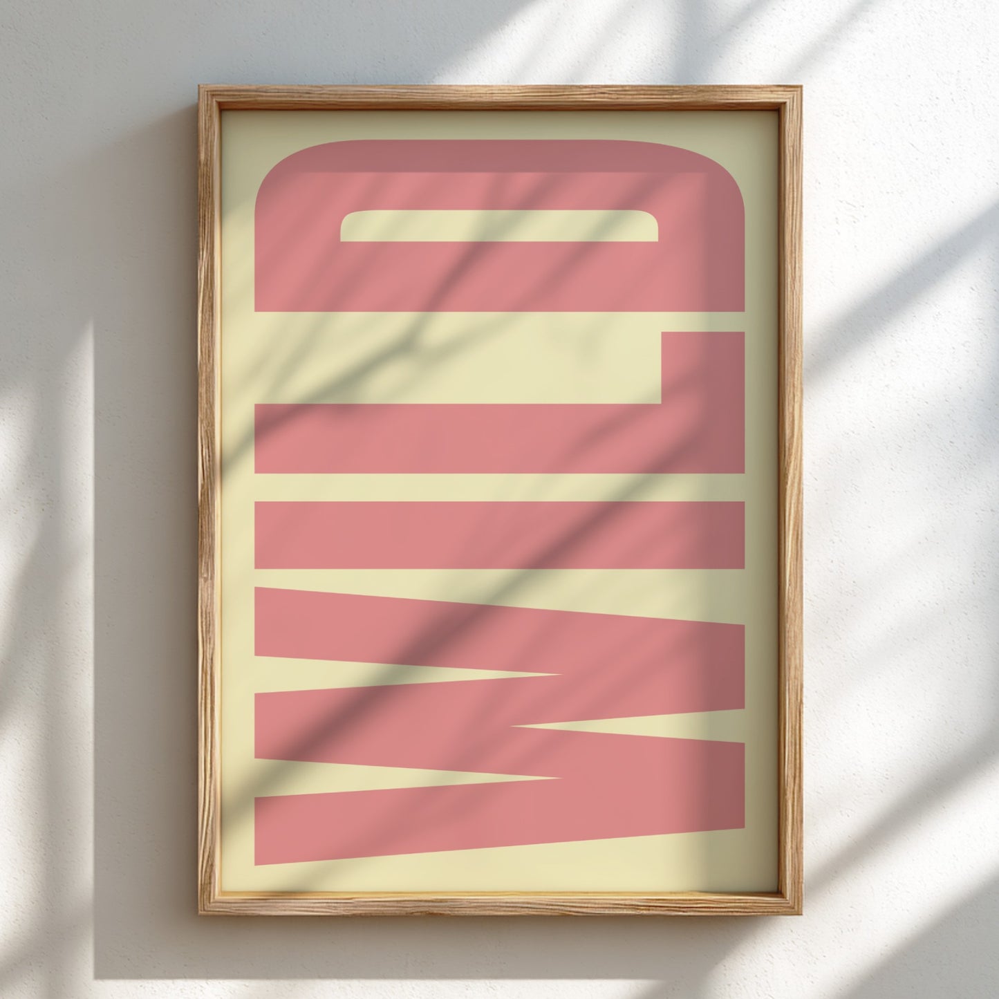 Framed abstract art print with pink and bold typography, modern wall art for home decorstripes on a light background