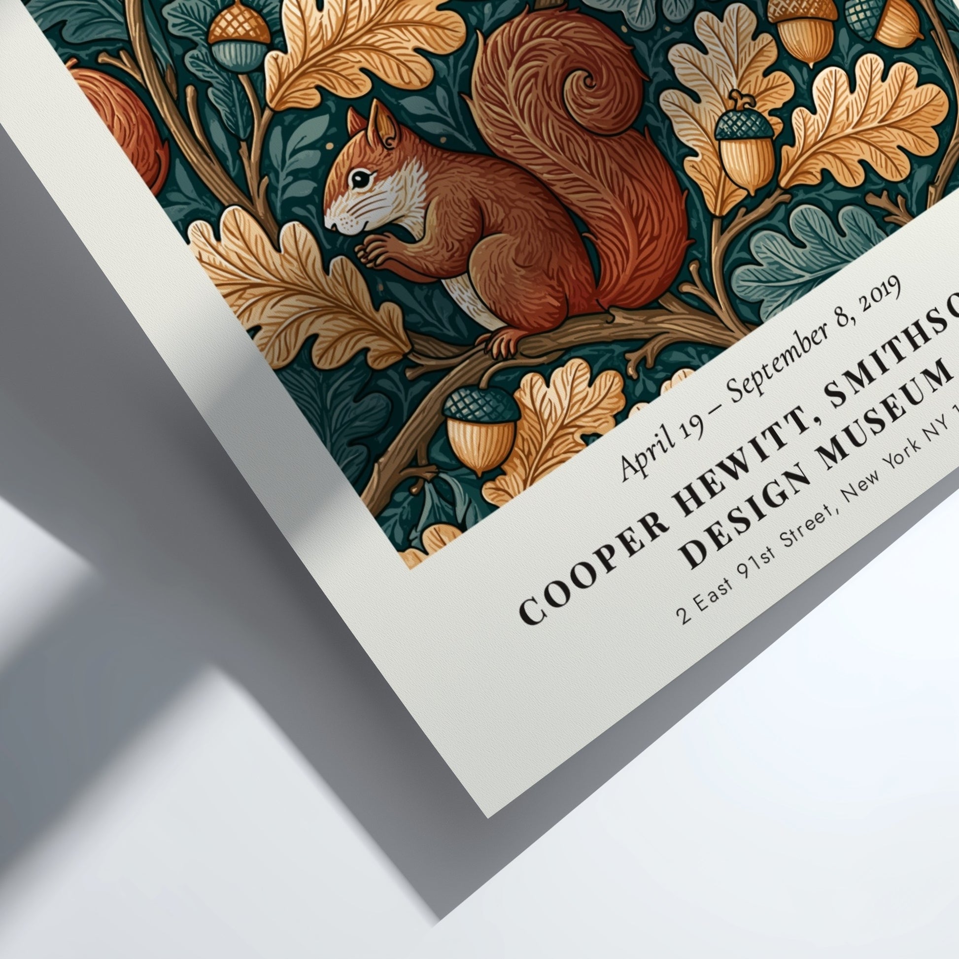 William Morris poster featuring nature designs with squirrels and oak leaves in earthy tones