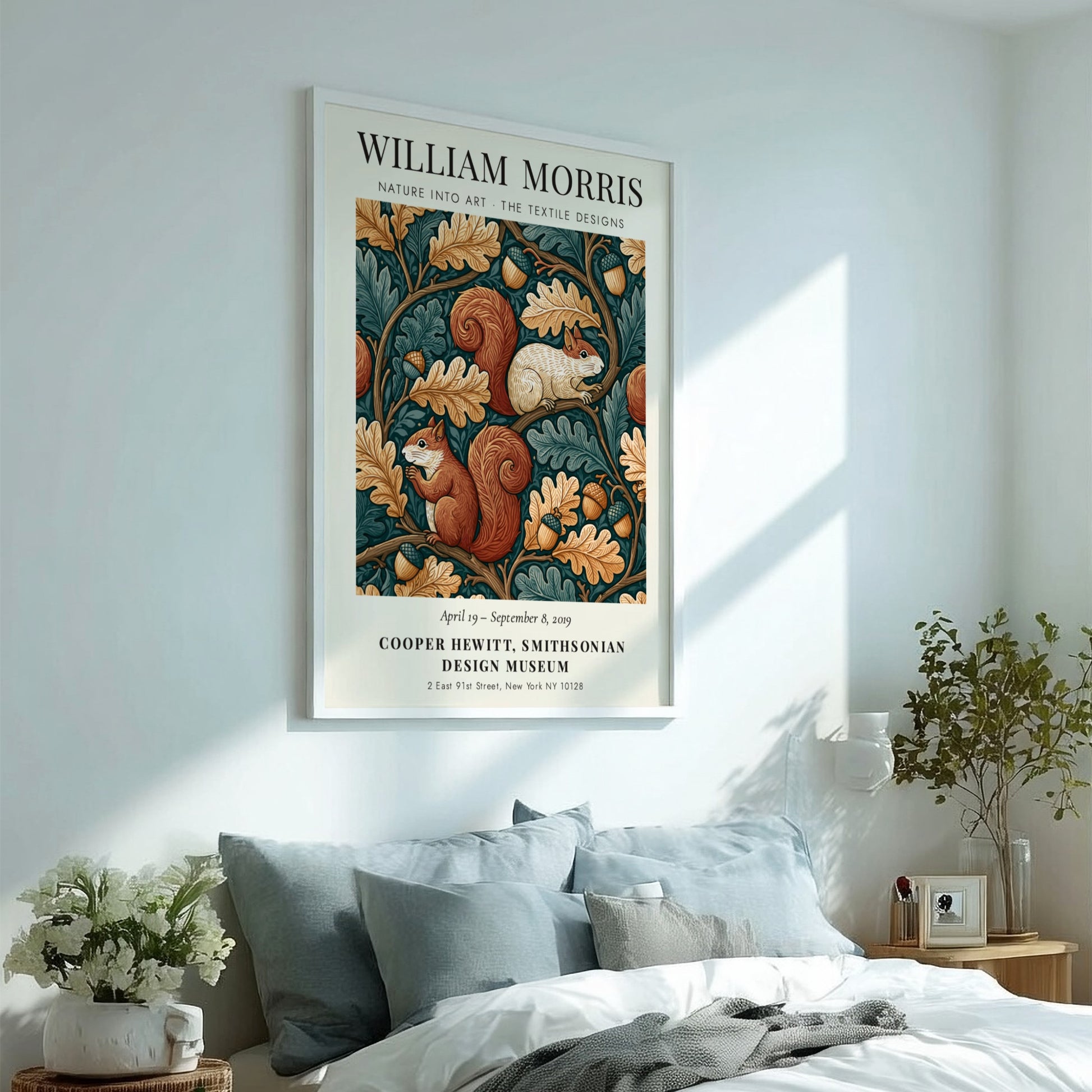 William Morris poster featuring nature designs with squirrels and oak leaves in earthy tones