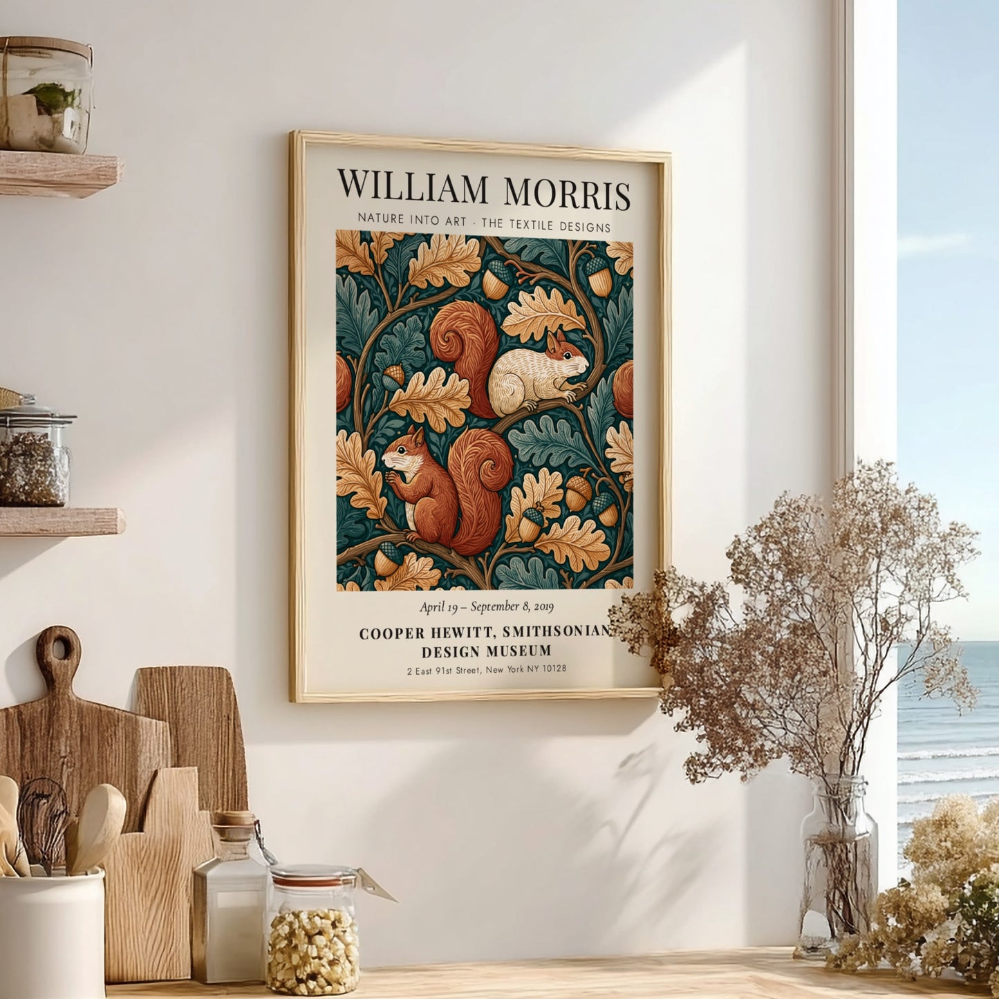 William Morris poster featuring nature designs with squirrels and oak leaves in earthy tones