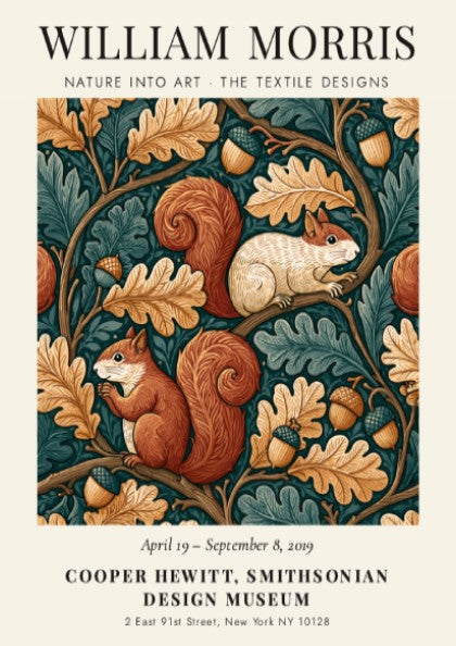 William Morris poster featuring nature designs with squirrels and oak leaves in earthy tones