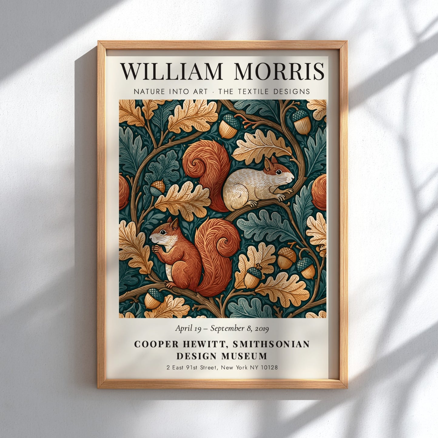 William Morris poster featuring nature designs with squirrels and oak leaves in earthy tones