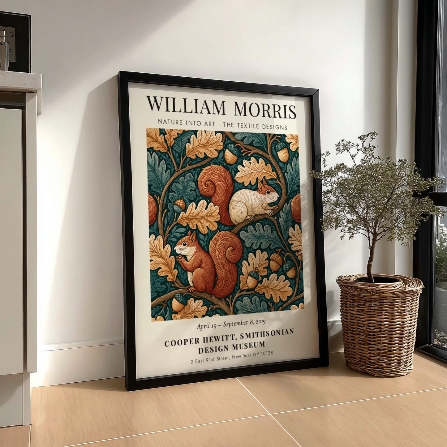 William Morris poster featuring nature designs with squirrels and oak leaves in earthy tones