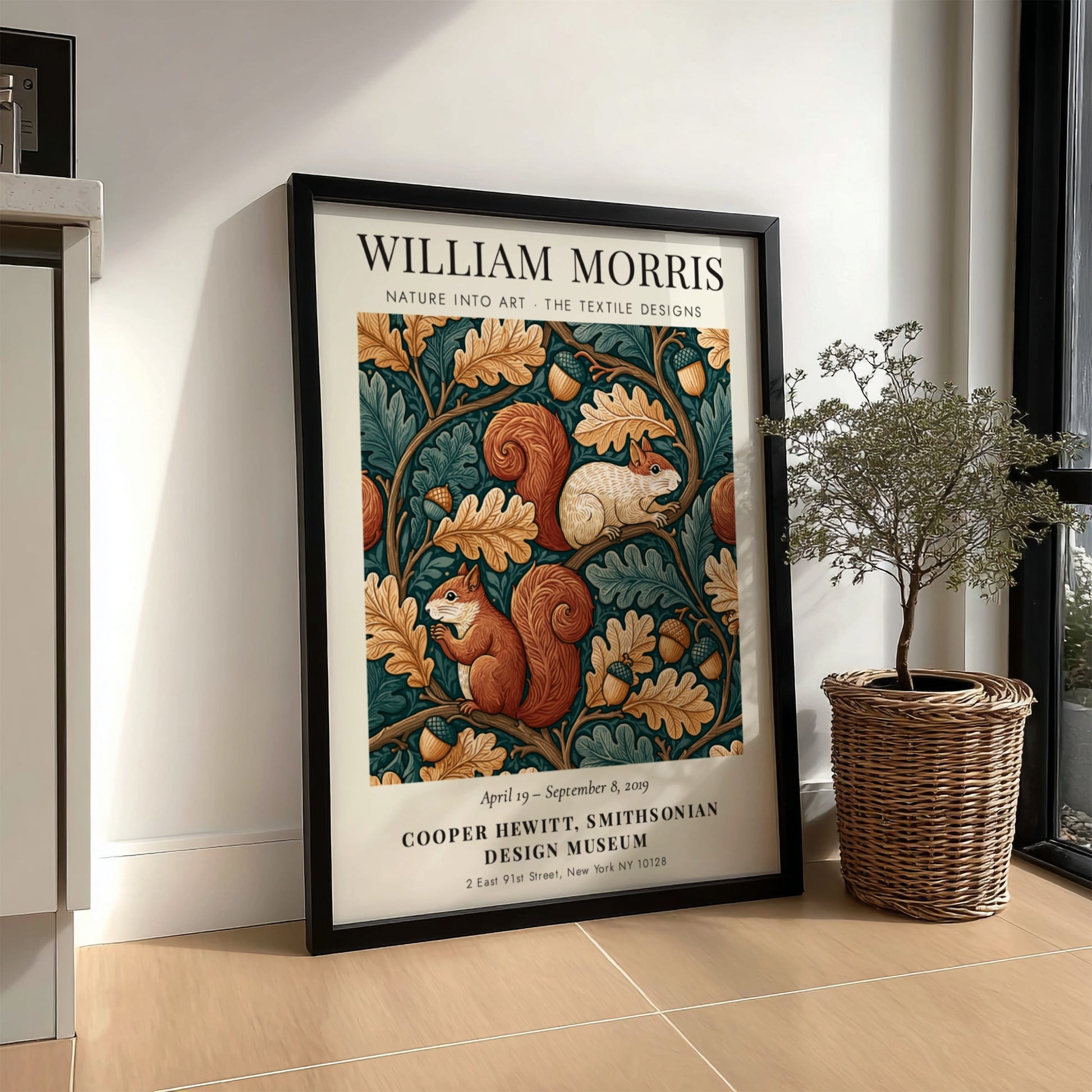 William Morris poster featuring nature designs with squirrels and oak leaves in earthy tones