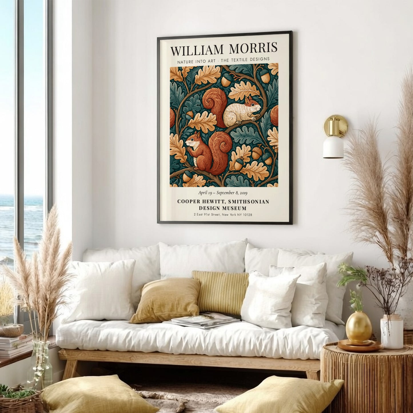 William Morris poster featuring nature designs with squirrels and oak leaves in earthy tones