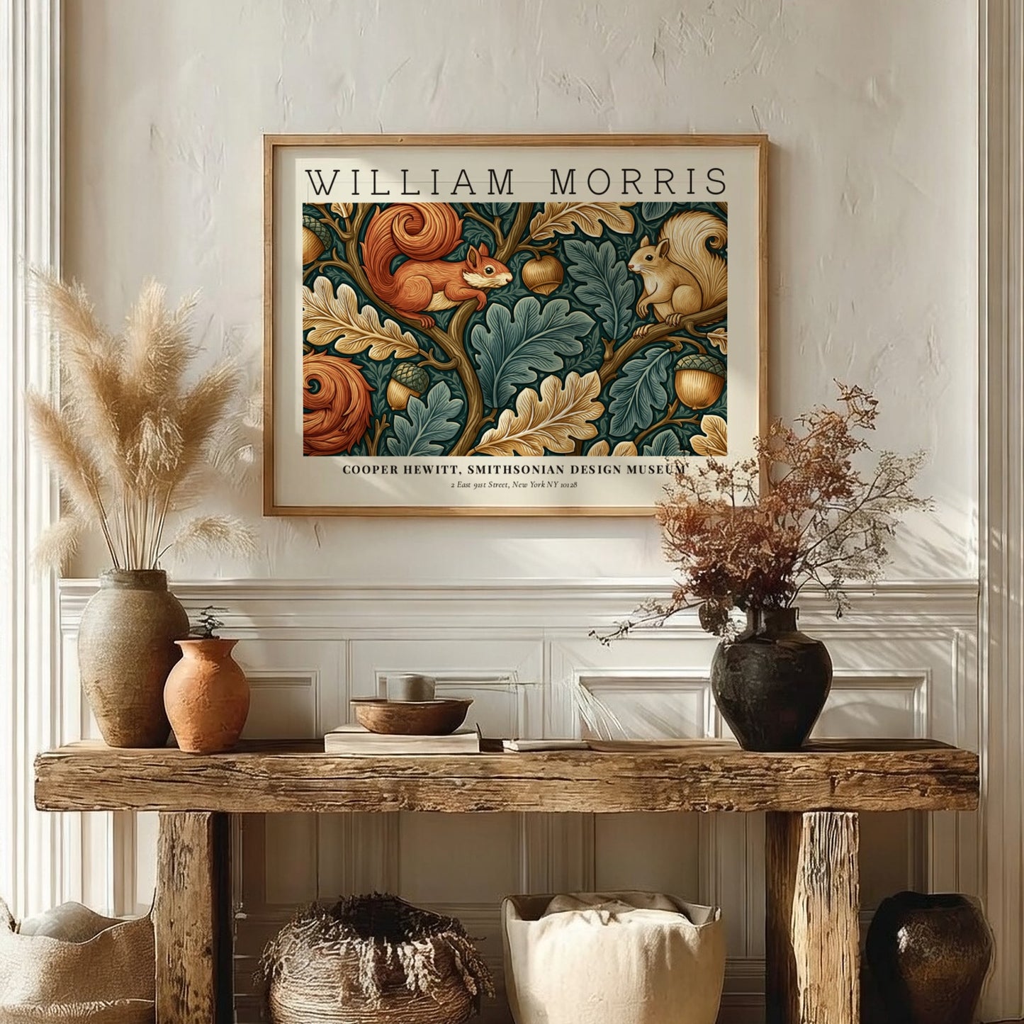 Nature into Art poster by William Morris featuring squirrels and foliage in earthy tones, textile wall decor