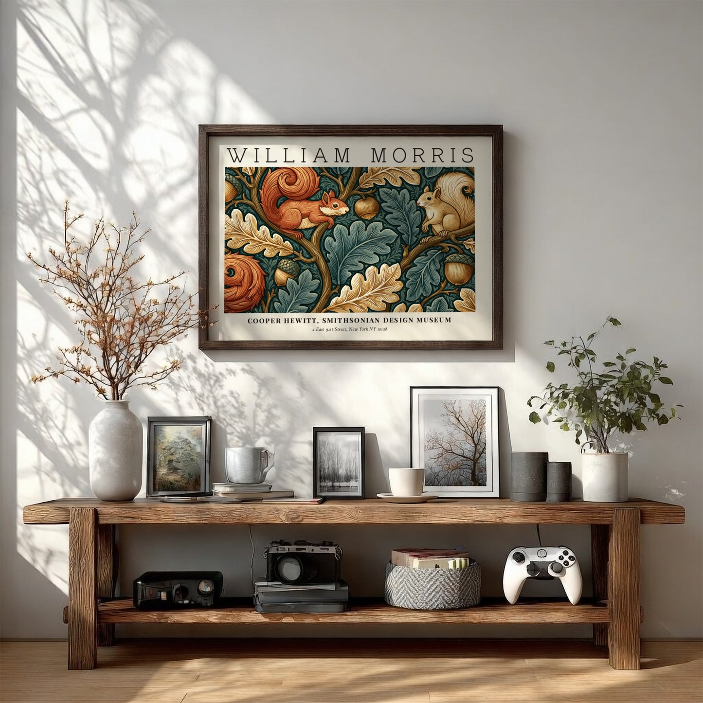 Nature into Art poster by William Morris featuring squirrels and foliage in earthy tones, textile wall decor