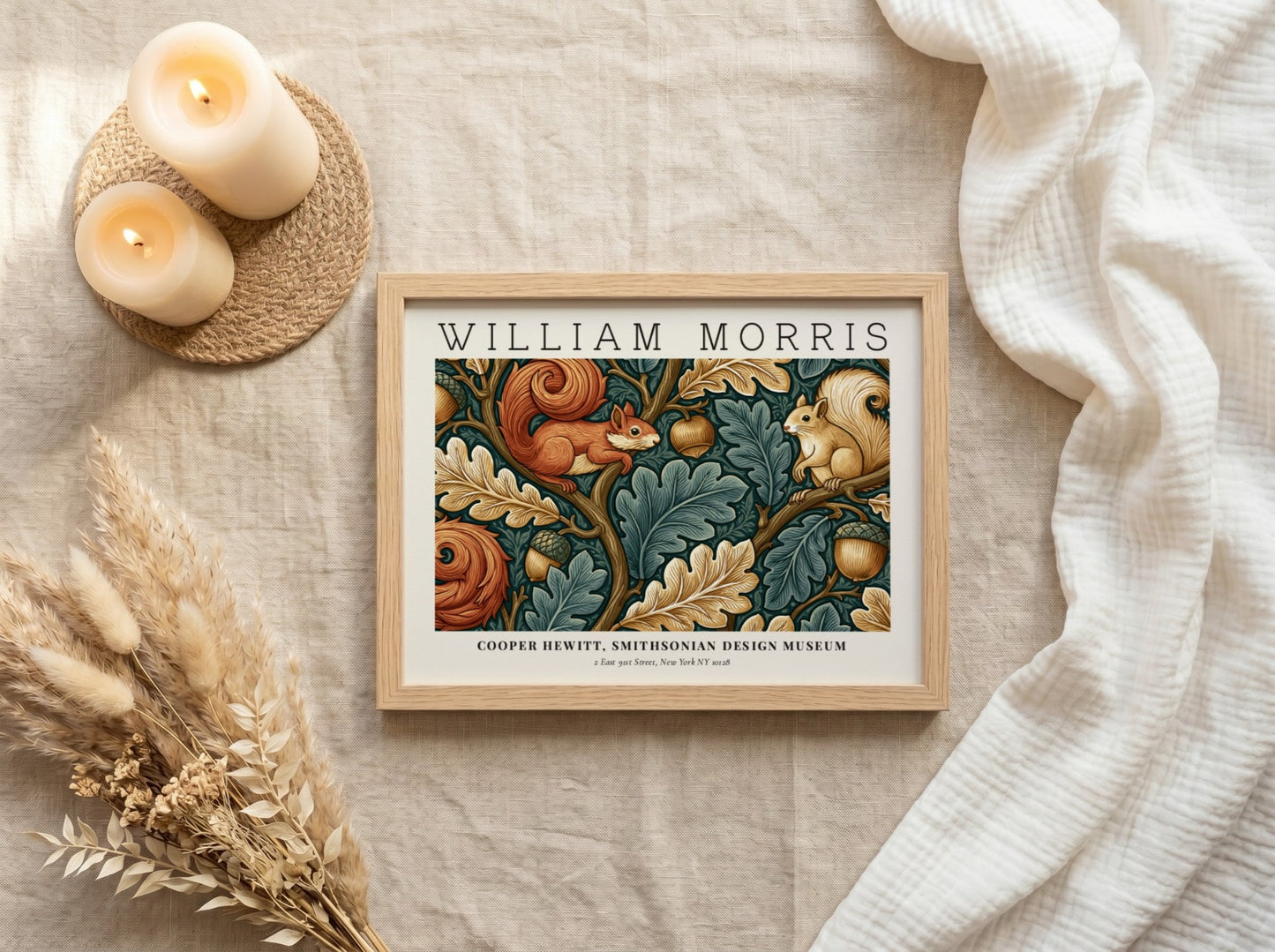 Nature into Art poster by William Morris featuring squirrels and foliage in earthy tones, textile wall decor