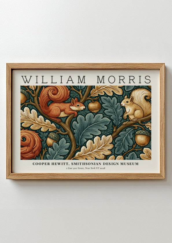 Nature into Art poster by William Morris featuring squirrels and foliage in earthy tones, textile wall decor