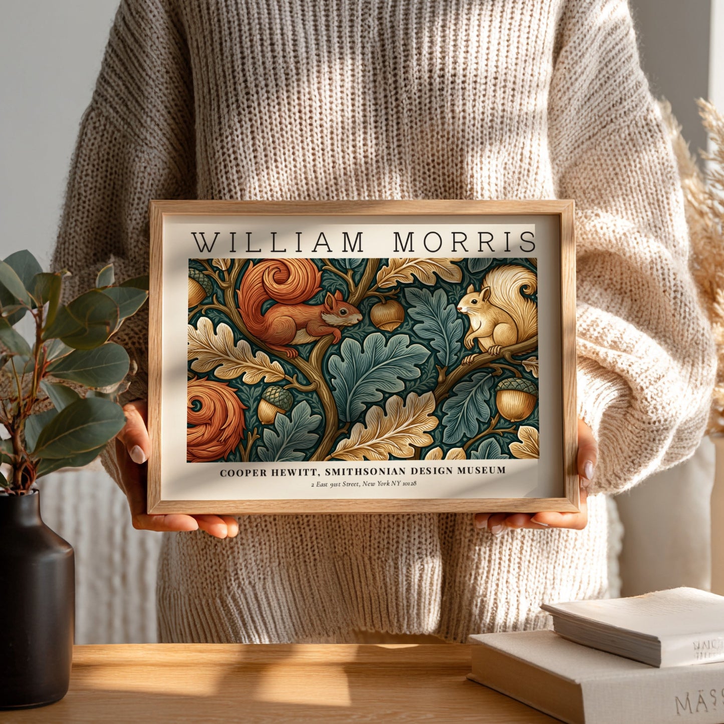Nature into Art poster by William Morris featuring squirrels and foliage in earthy tones, textile wall decor