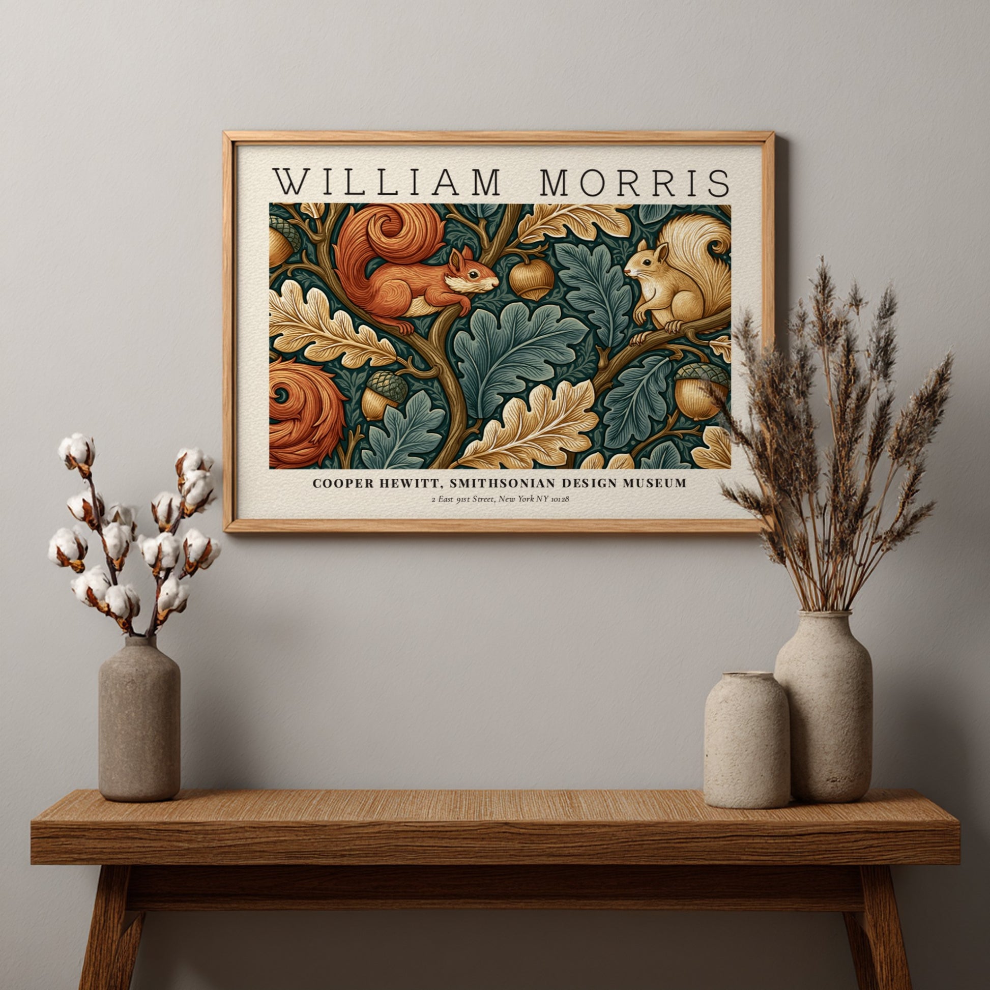 Nature into Art poster by William Morris featuring squirrels and foliage in earthy tones, textile wall decor