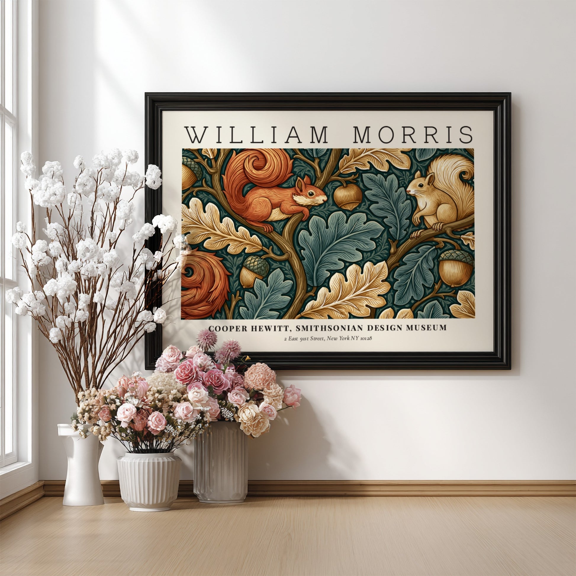 Nature into Art poster by William Morris featuring squirrels and foliage in earthy tones, textile wall decor