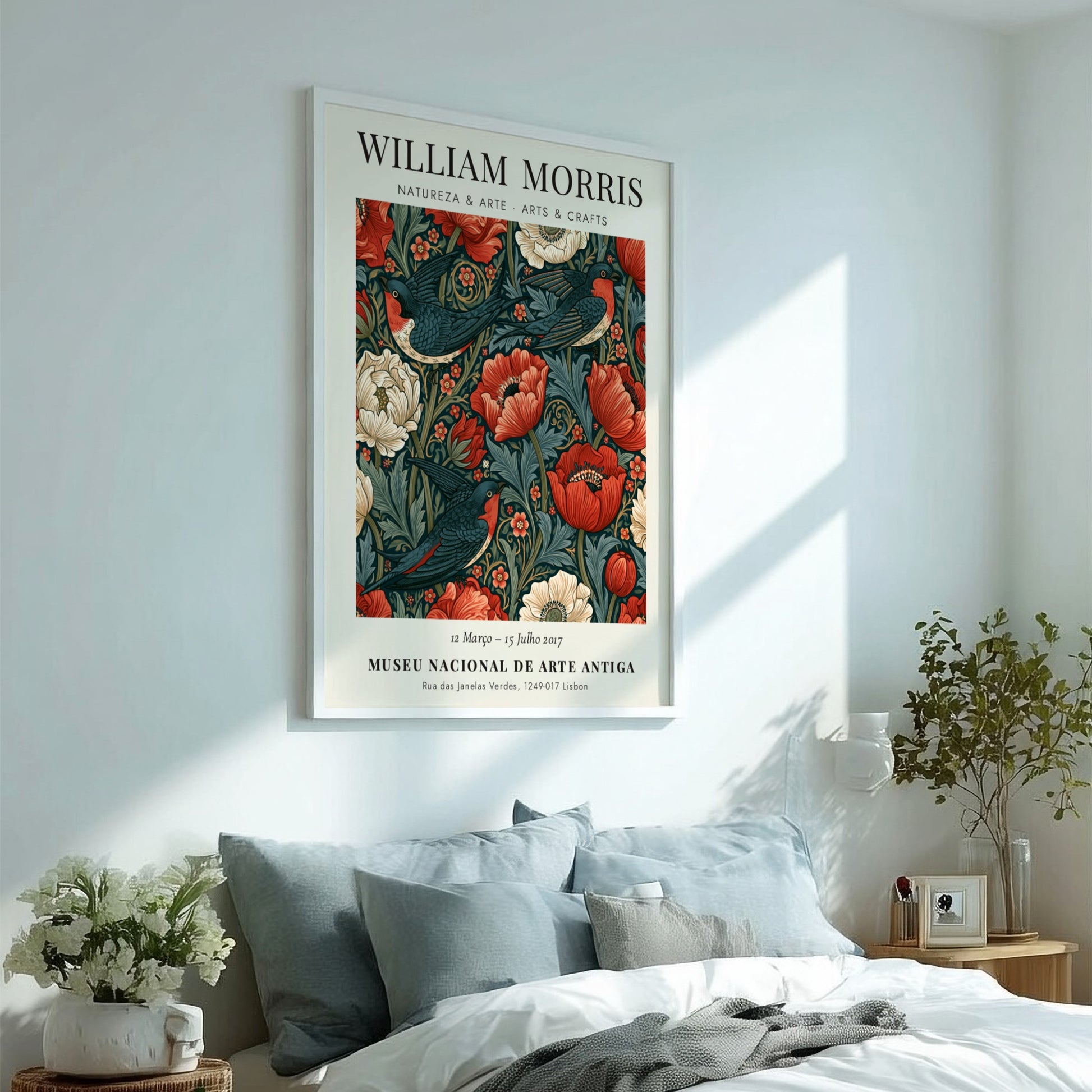 William Morris poster featuring Natureza & Arte design with vibrant flowers and birds in rich colors