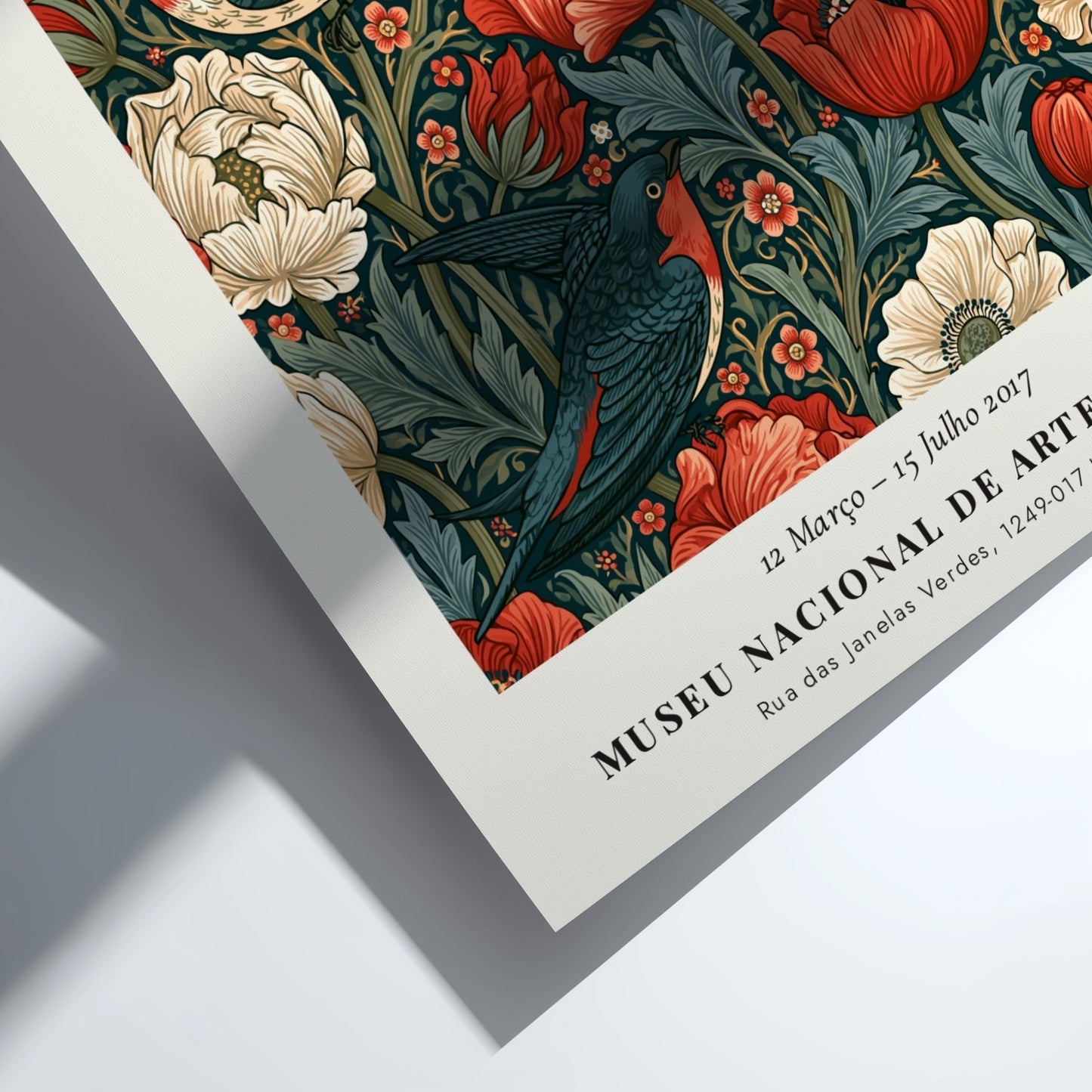 William Morris poster featuring Natureza & Arte design with vibrant flowers and birds in rich colors