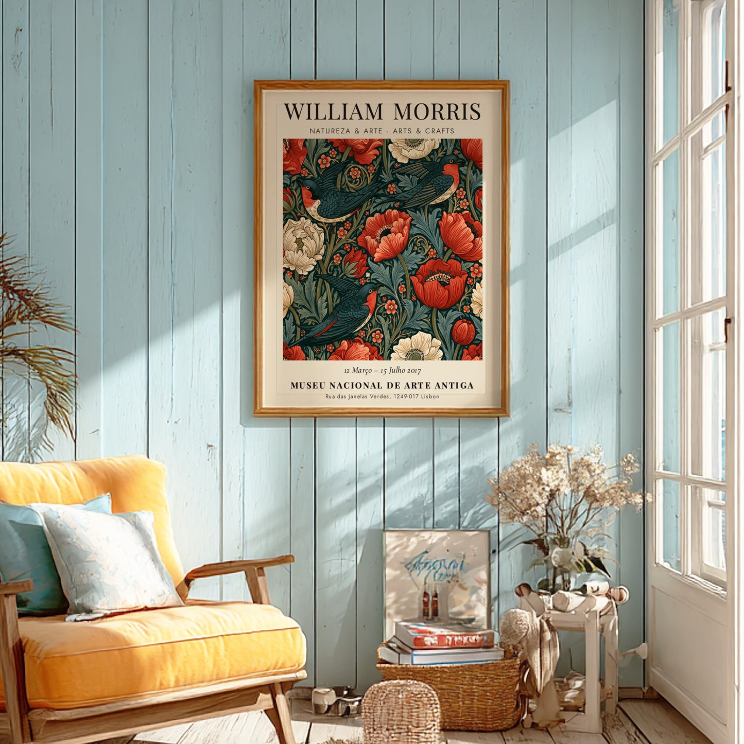 William Morris poster featuring Natureza & Arte design with vibrant flowers and birds in rich colors