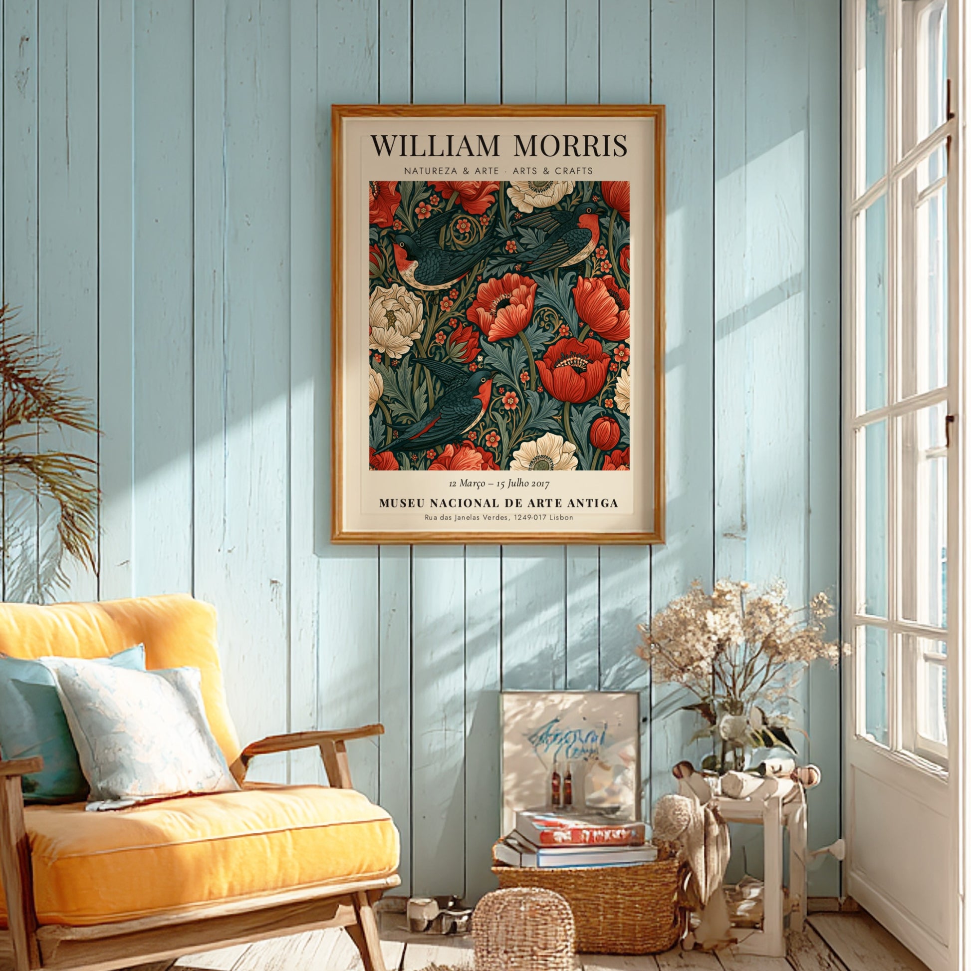 William Morris poster featuring Natureza & Arte design with vibrant flowers and birds in rich colors