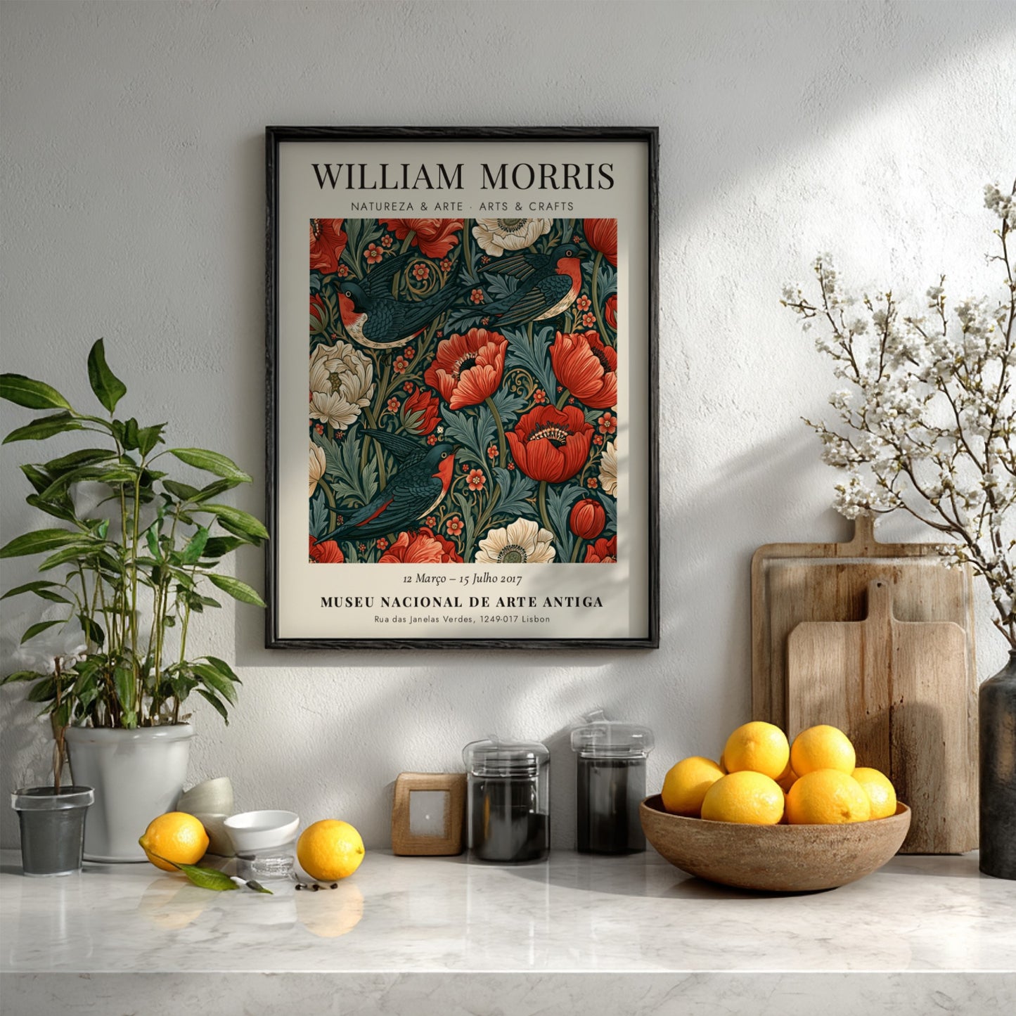 William Morris poster featuring Natureza & Arte design with vibrant flowers and birds in rich colors