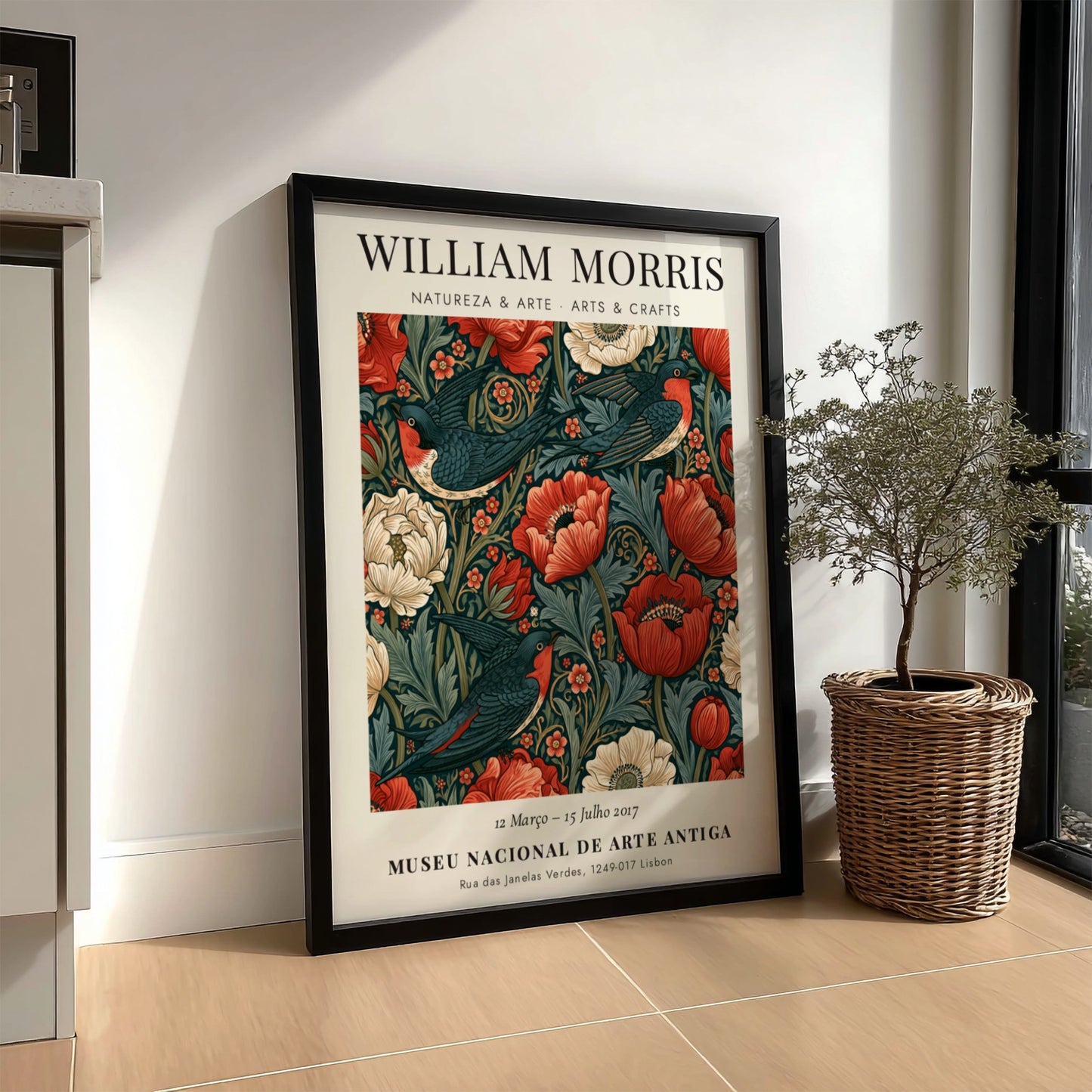William Morris poster featuring Natureza & Arte design with vibrant flowers and birds in rich colors