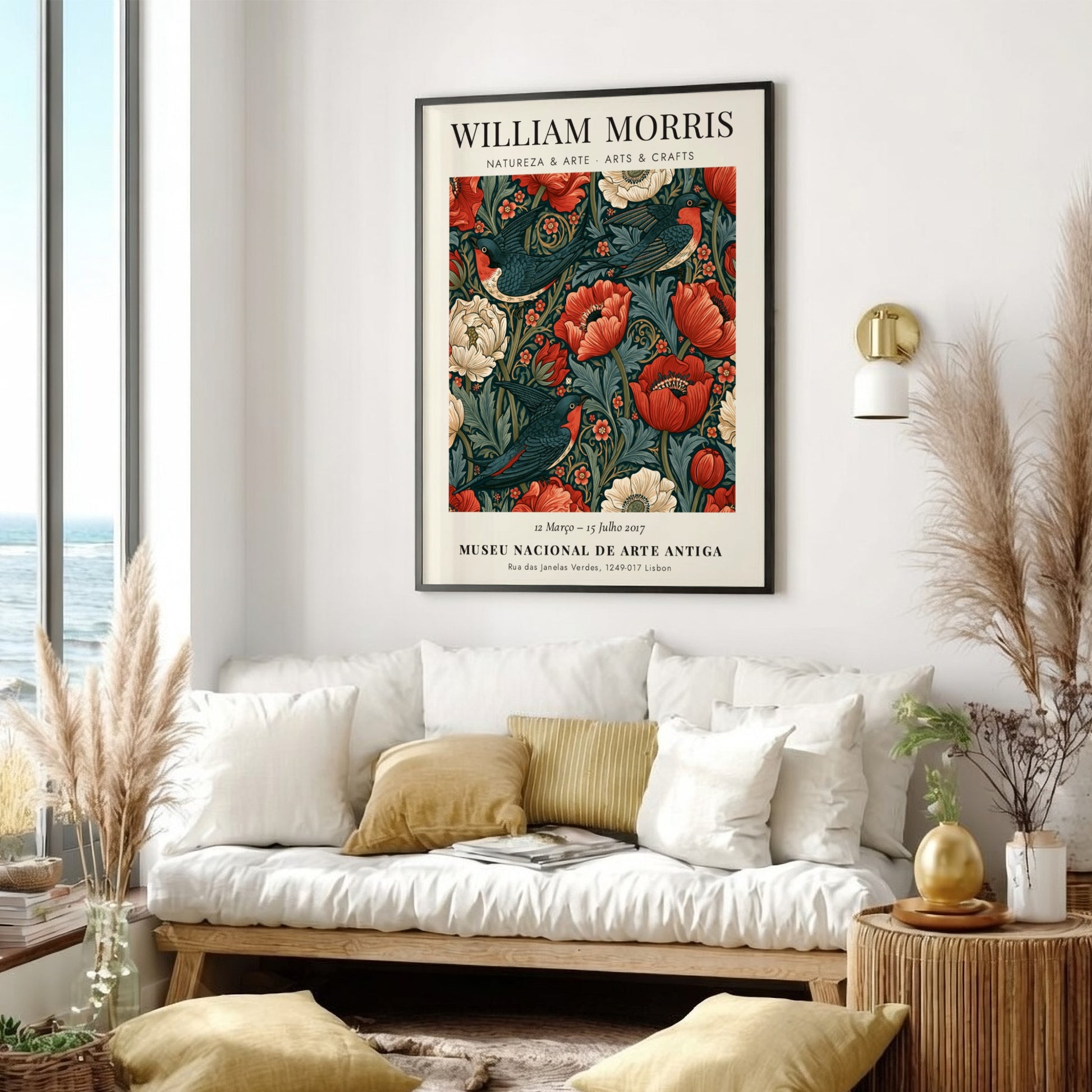 William Morris poster featuring Natureza & Arte design with vibrant flowers and birds in rich colors