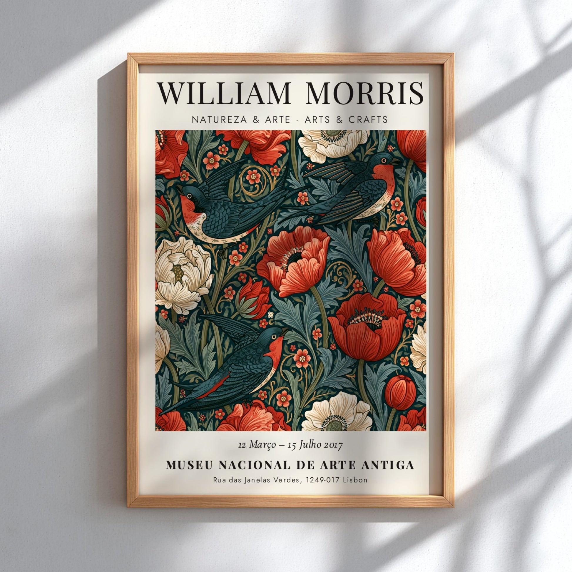 William Morris poster featuring Natureza & Arte design with vibrant flowers and birds in rich colors