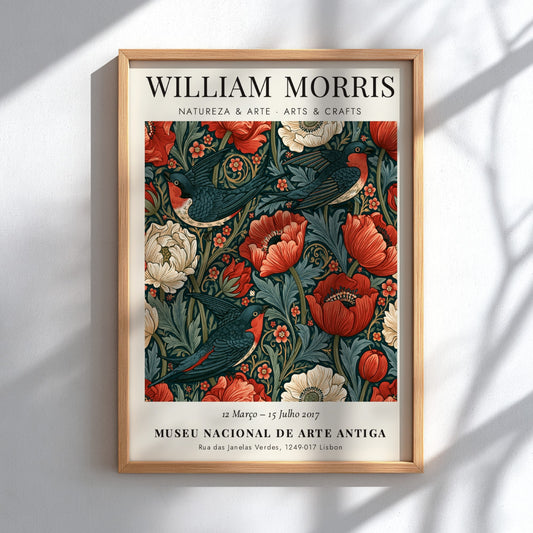 William Morris poster featuring Natureza & Arte design with vibrant flowers and birds in rich colors