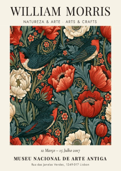 William Morris poster featuring Natureza & Arte design with vibrant flowers and birds in rich colors