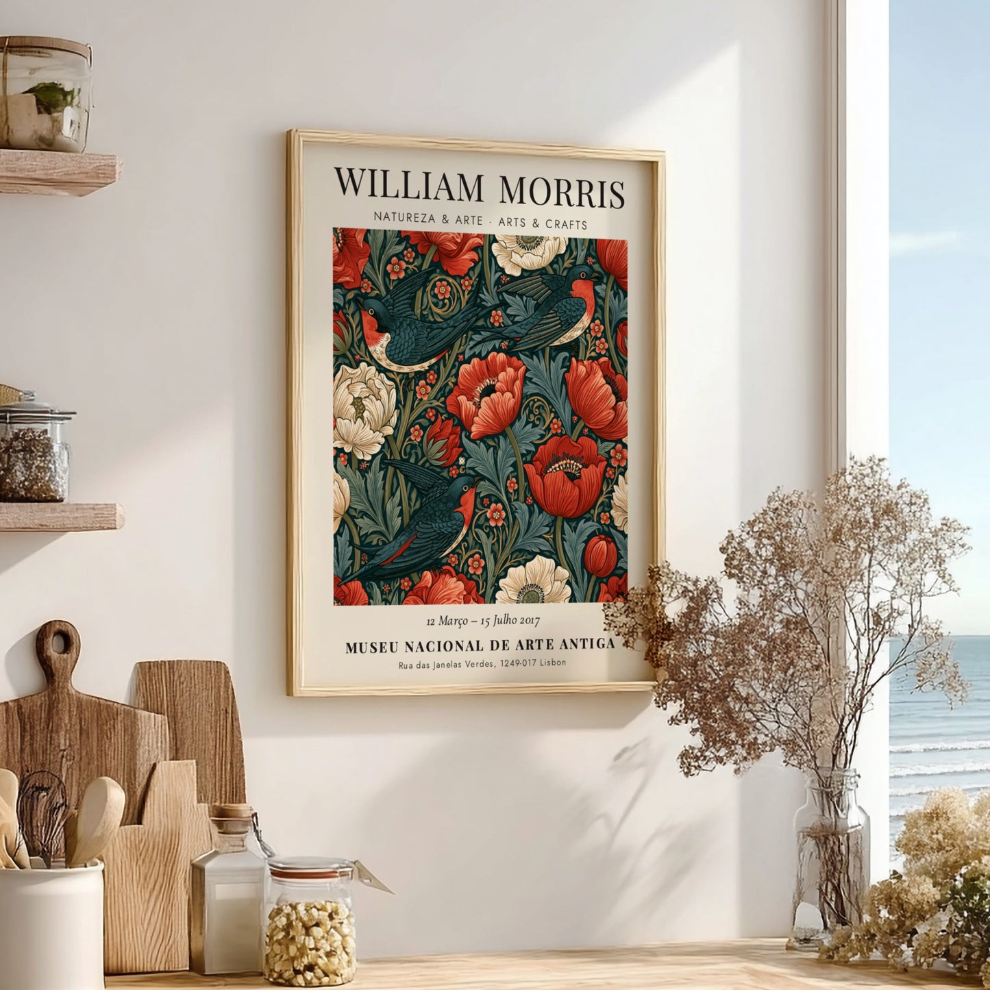William Morris poster featuring Natureza & Arte design with vibrant flowers and birds in rich colors
