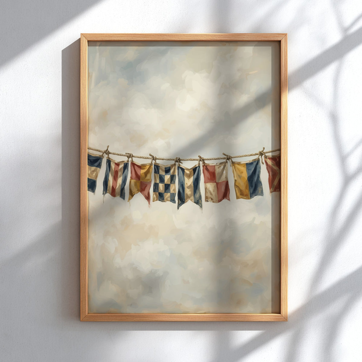 Nautical signal flags on a rope against a cloudy sky, maritime themed wall poster.