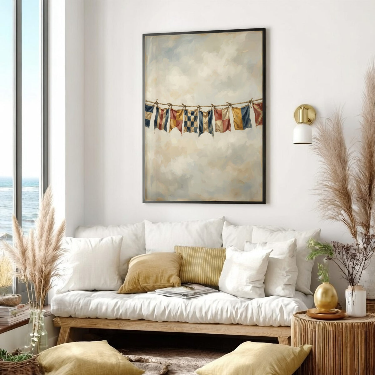 Nautical signal flags on a rope against a cloudy sky, maritime themed wall poster.