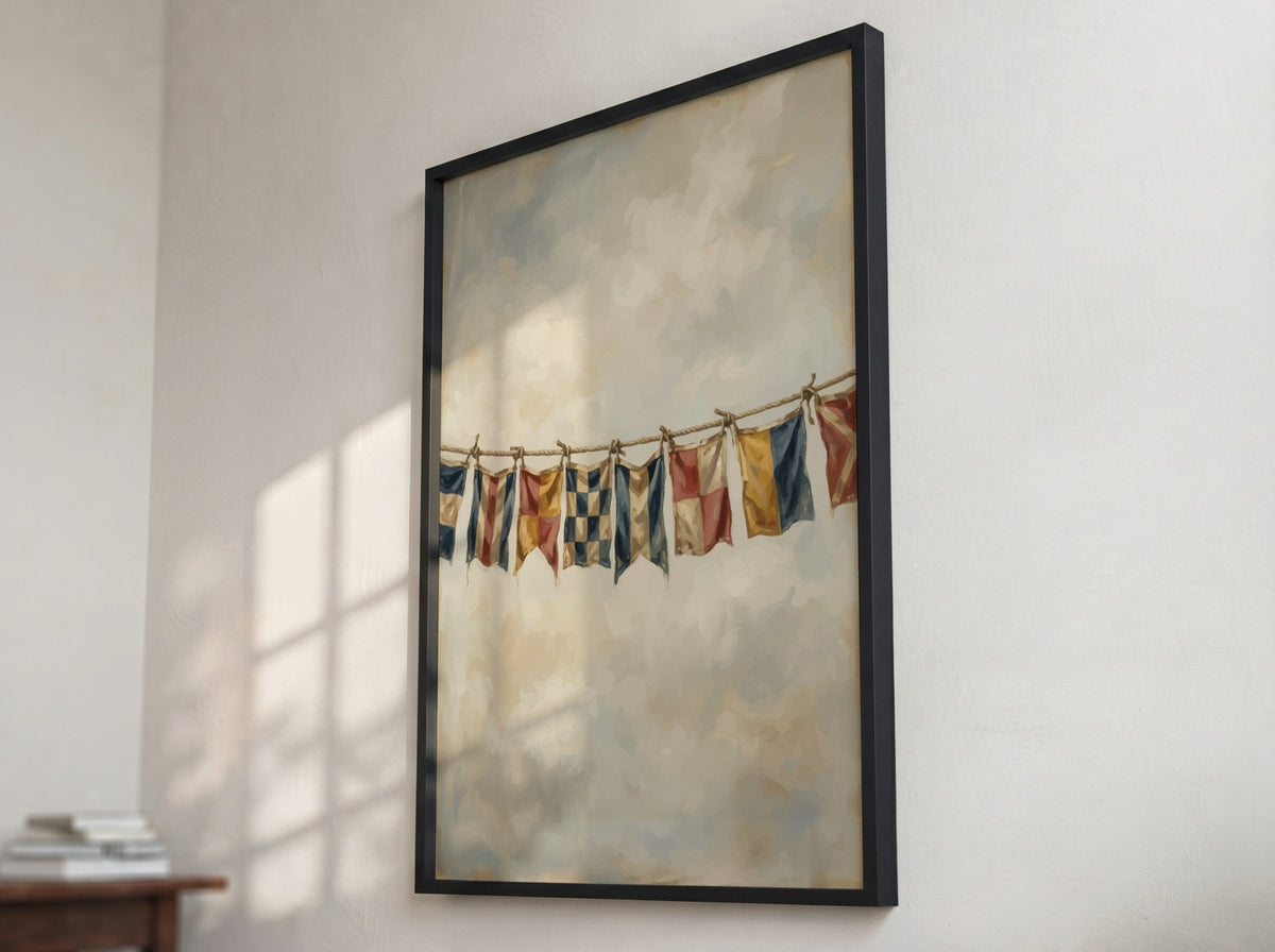 Nautical signal flags on a rope against a cloudy sky, maritime themed wall poster.