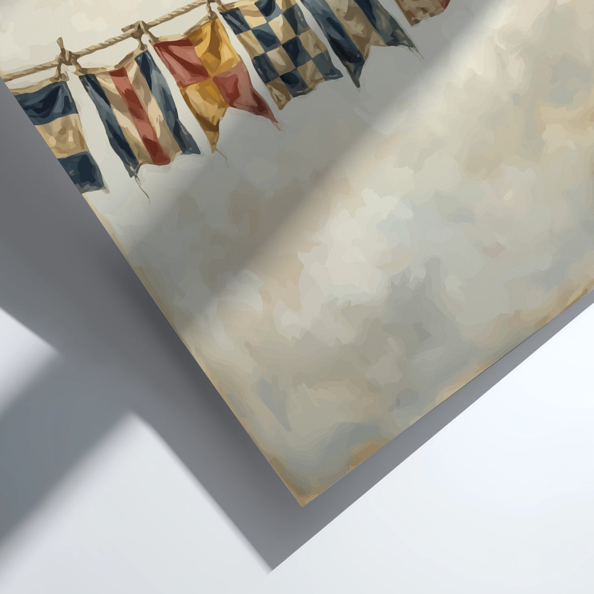 Nautical signal flags on a rope against a cloudy sky, maritime themed wall poster.