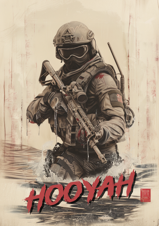 Illustration of a soldier in tactical gear with a rifle, set against a textured background with 'HOOYAH' text.
