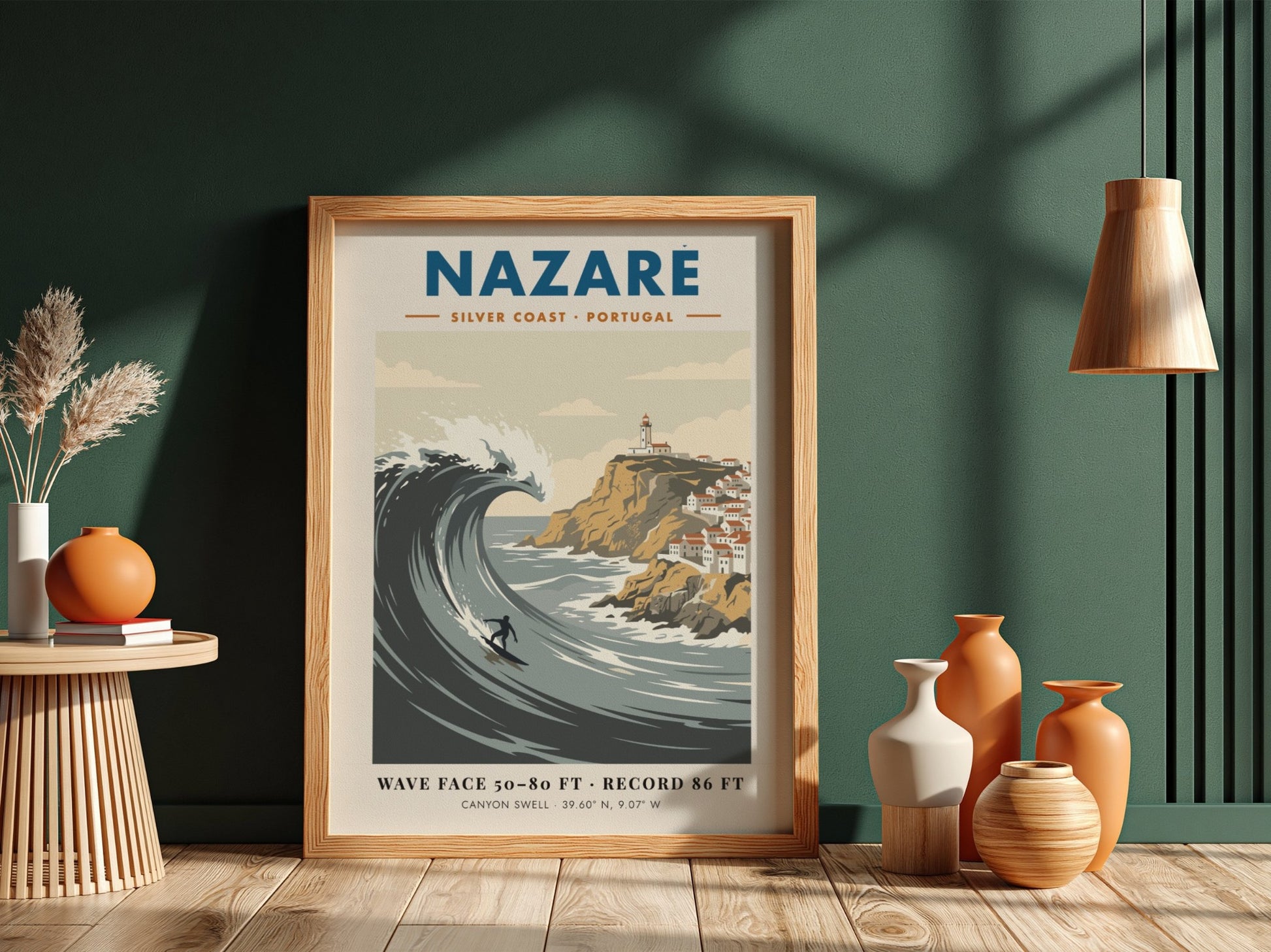Nazaré surf travel poster featuring a massive wave, a surfer, and Portuguese lighthouse.
