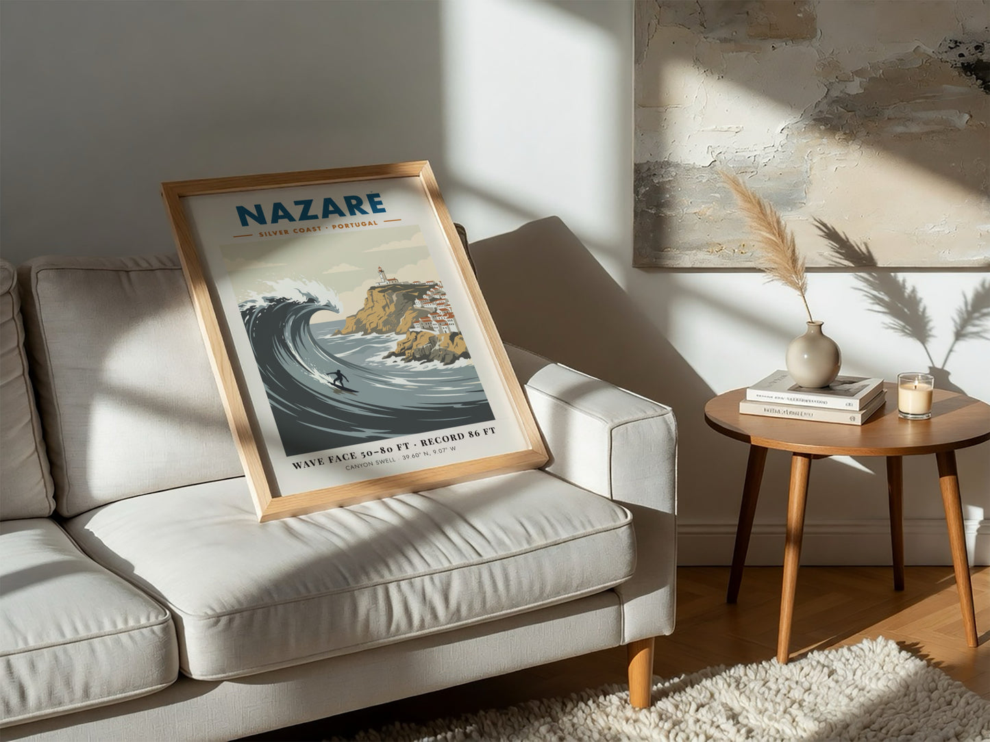 Nazaré surf travel poster featuring a massive wave, a surfer, and Portuguese lighthouse.