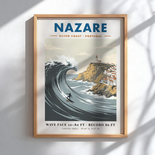 Nazaré surf travel poster featuring a massive wave, a surfer, and Portuguese lighthouse.