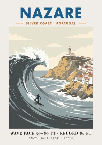 Nazaré surf travel poster featuring a massive wave, a surfer, and Portuguese lighthouse.