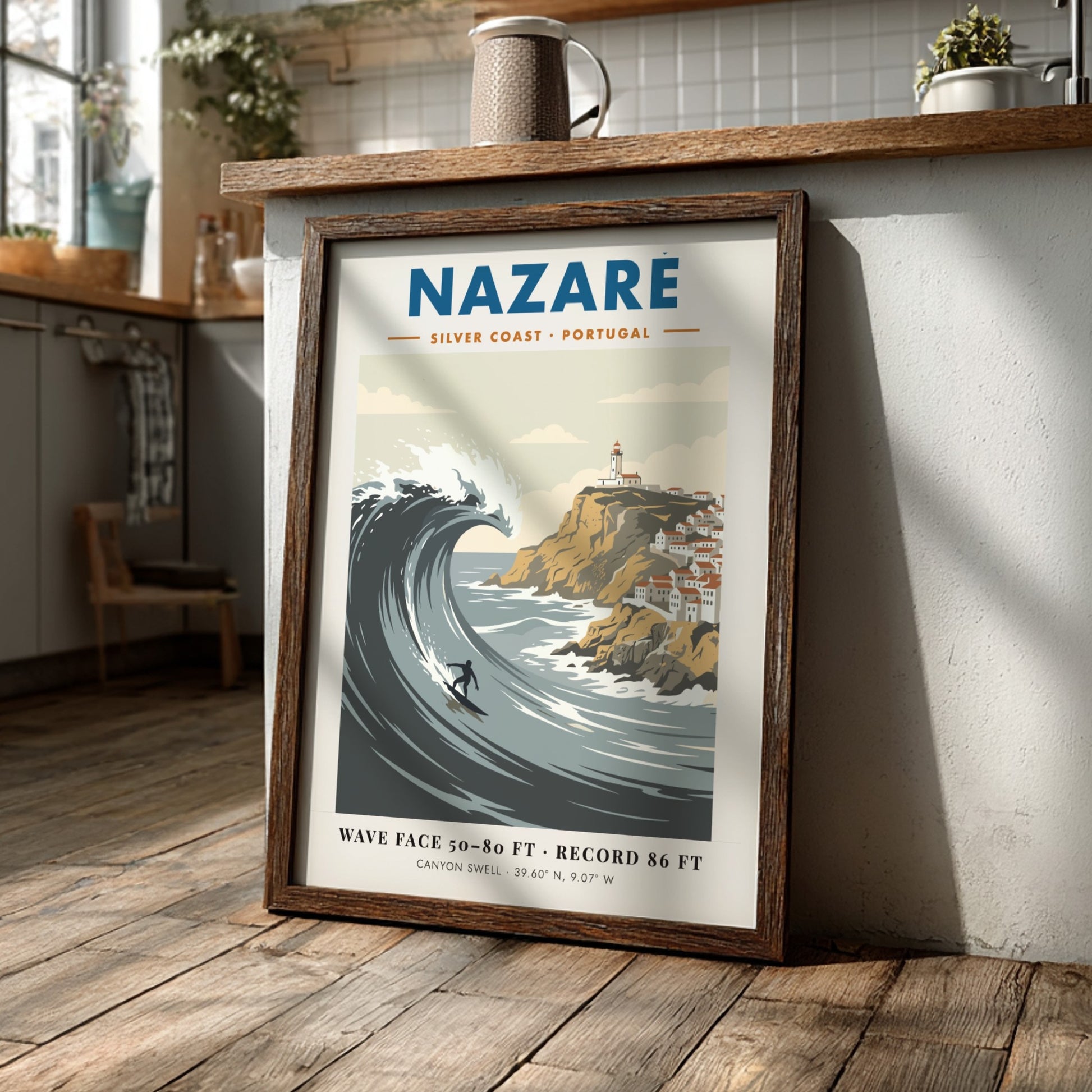 Nazaré surf travel poster featuring a massive wave, a surfer, and Portuguese lighthouse.