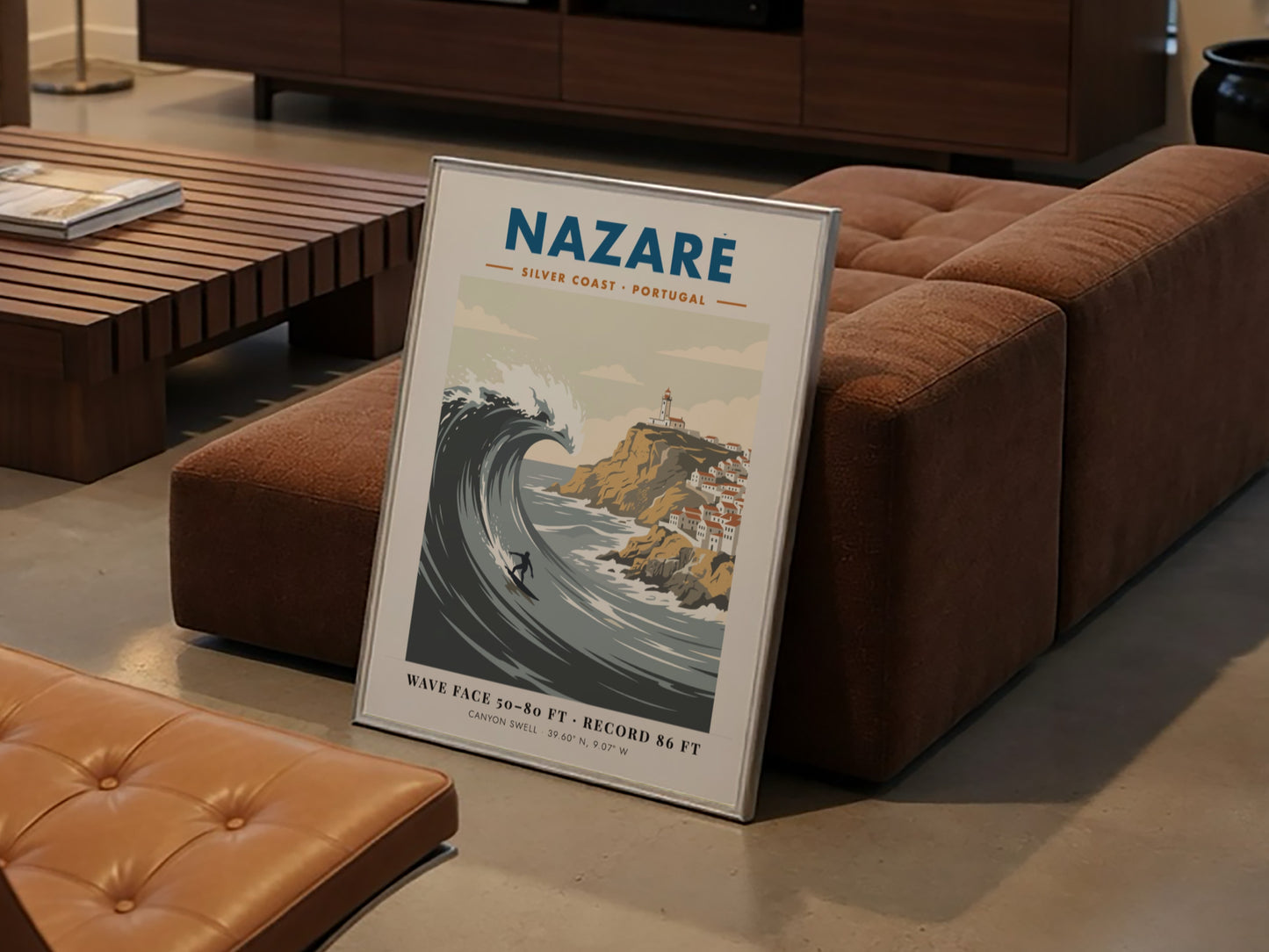 Nazaré surf travel poster featuring a massive wave, a surfer, and Portuguese lighthouse.