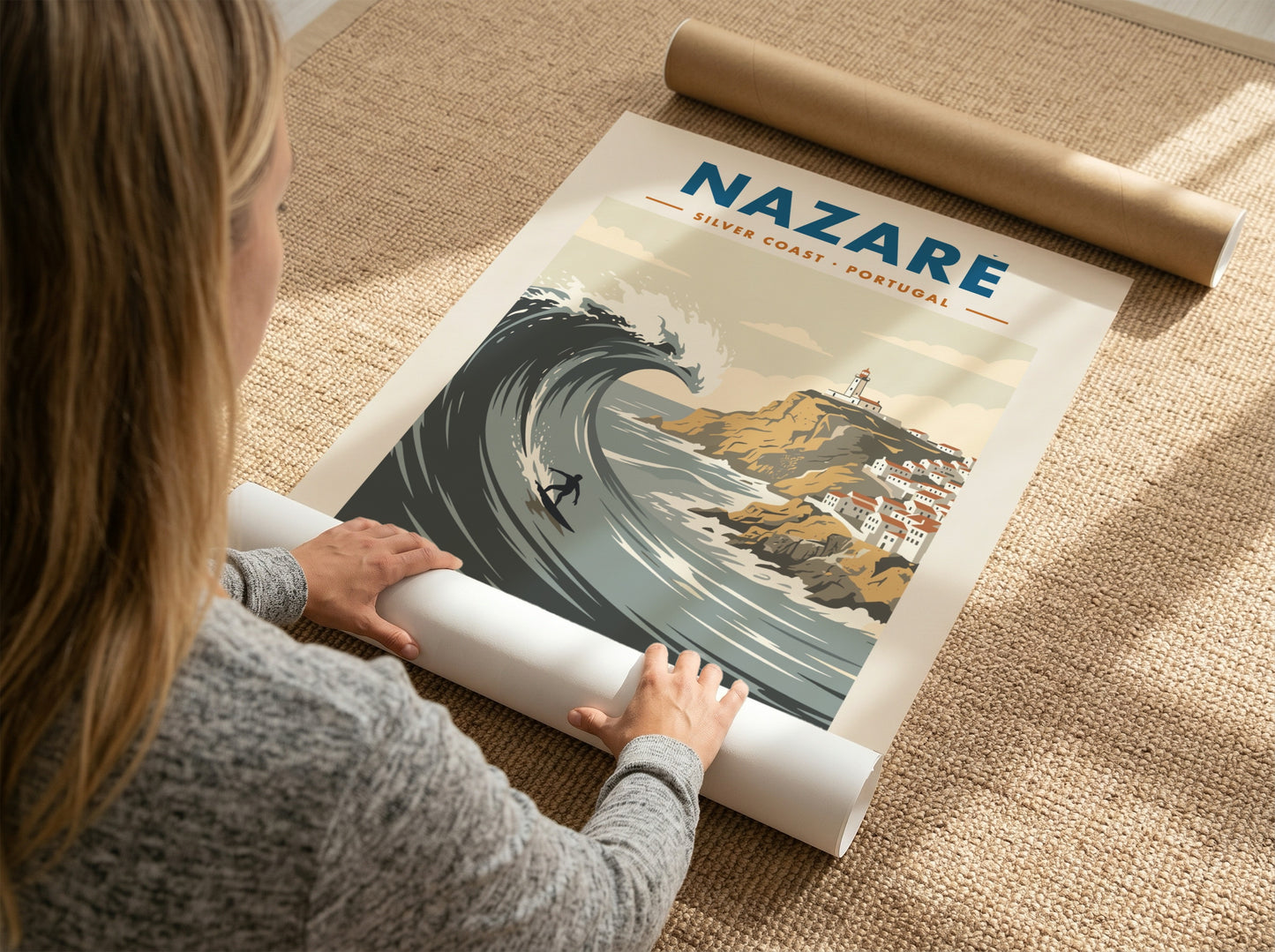 Nazaré surf travel poster featuring a massive wave, a surfer, and Portuguese lighthouse.