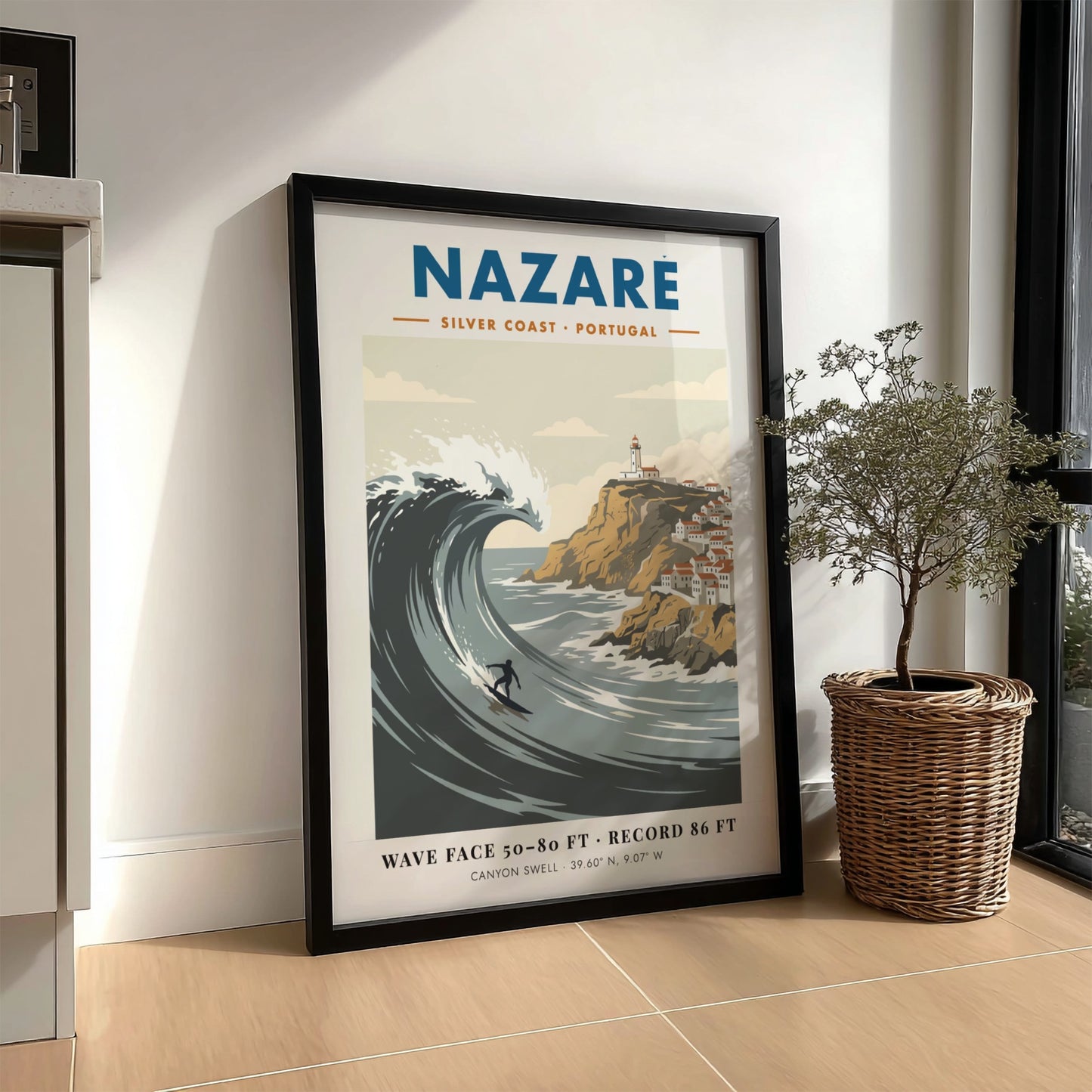 Nazaré surf travel poster featuring a massive wave, a surfer, and Portuguese lighthouse.