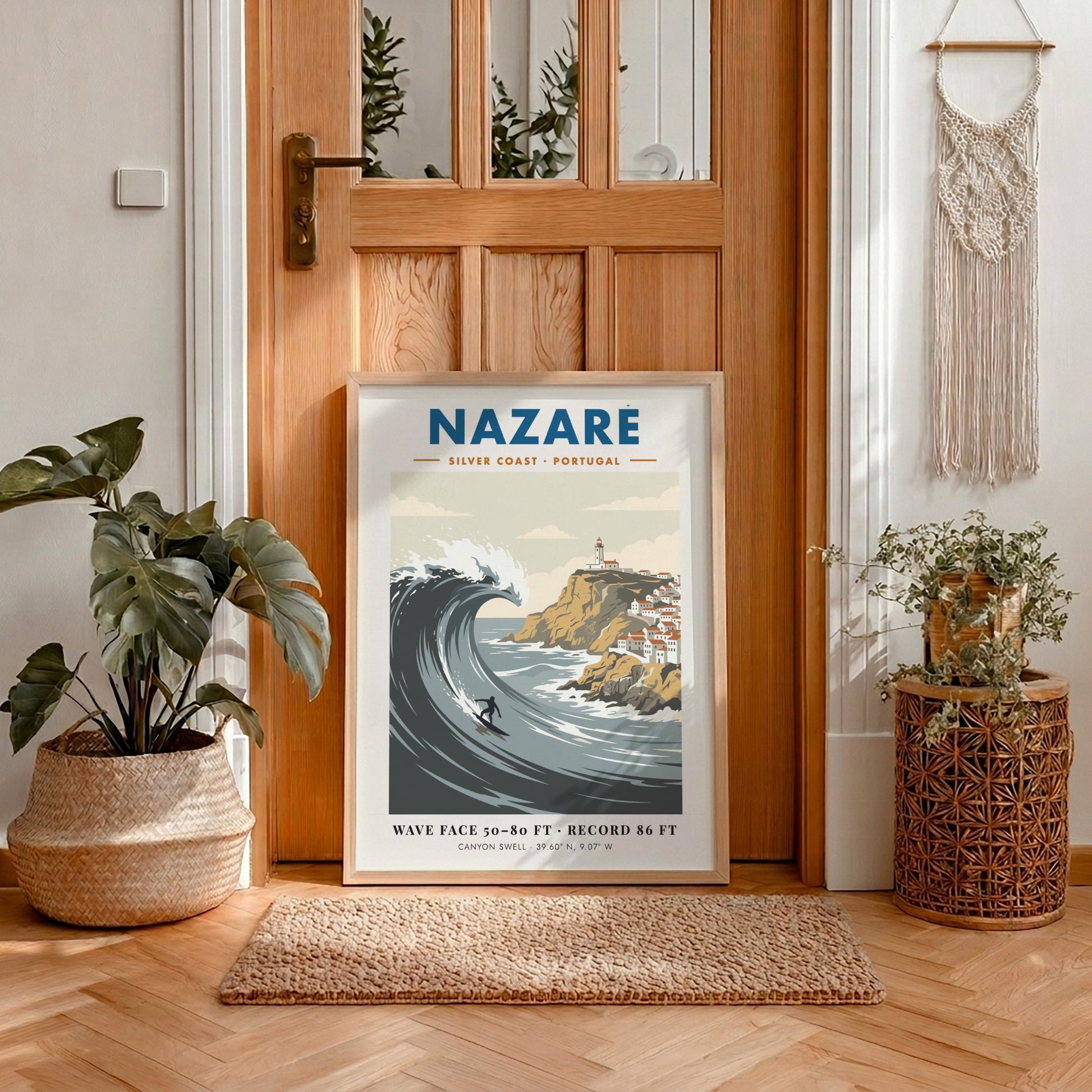 Nazaré surf travel poster featuring a massive wave, a surfer, and Portuguese lighthouse.