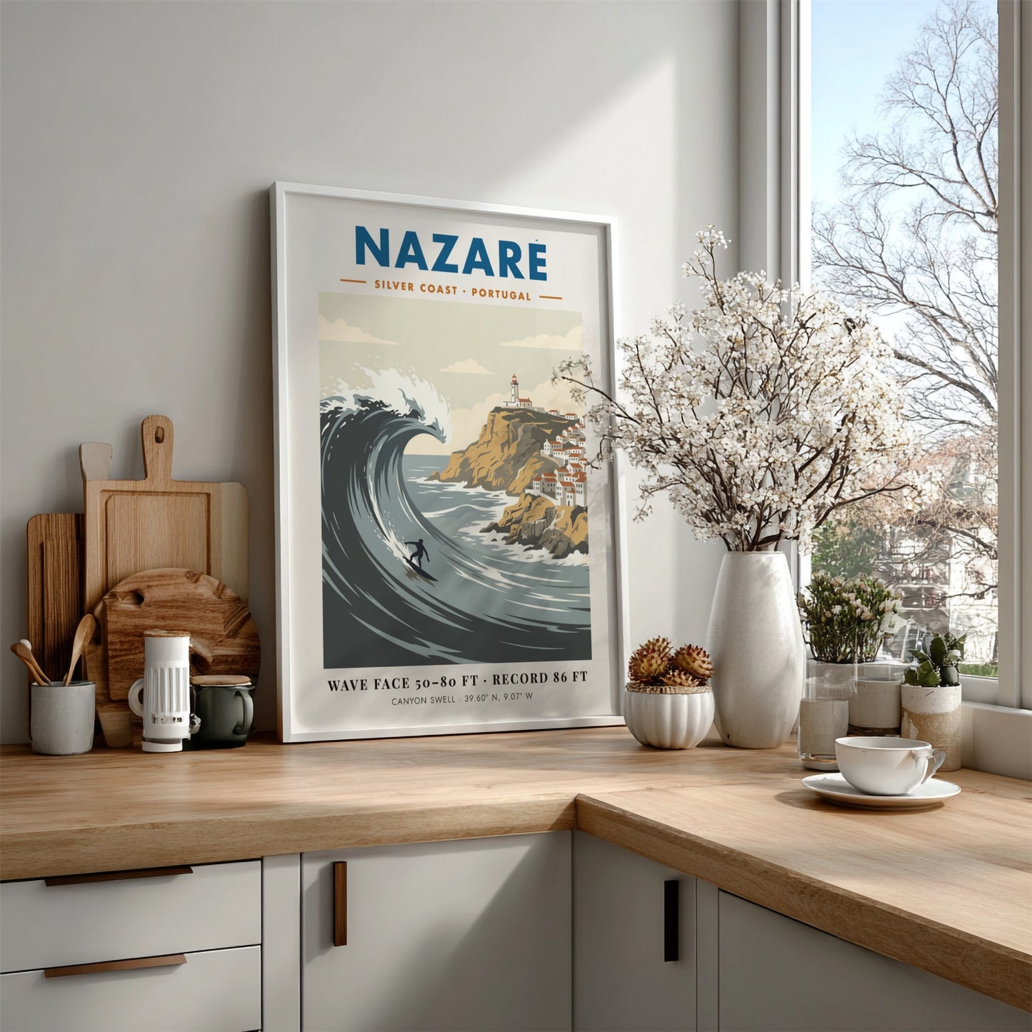 Nazaré surf travel poster featuring a massive wave, a surfer, and Portuguese lighthouse.