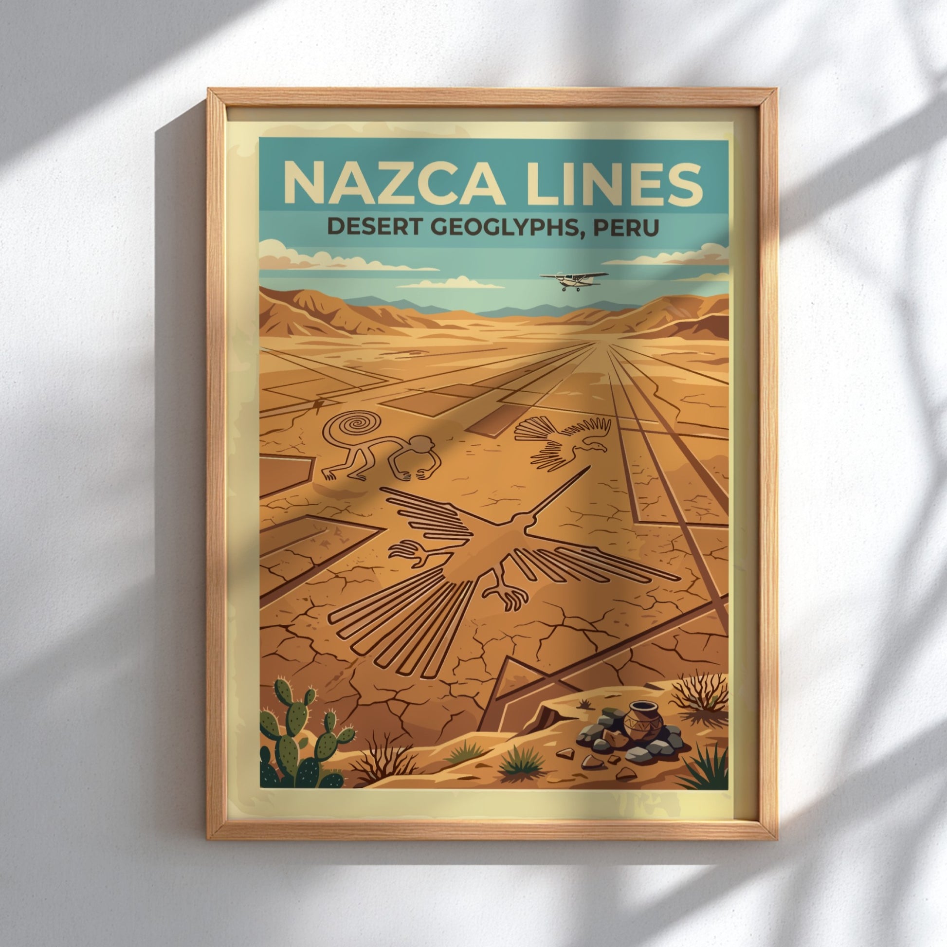 South America travel poster featuring the Nazca Lines geoglyphs with a small aircraft above