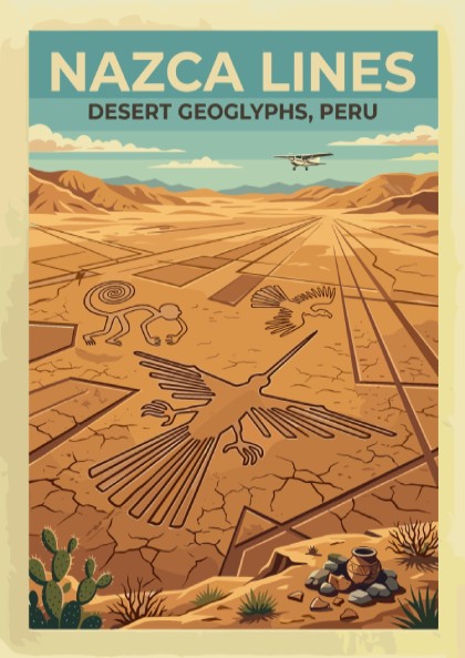 South America travel poster featuring the Nazca Lines geoglyphs with a small aircraft above